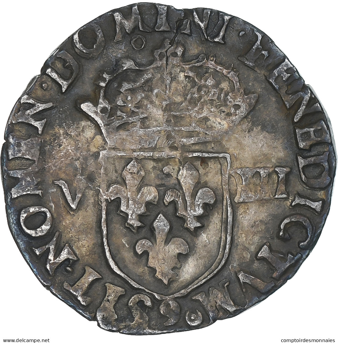 France, Henri III, 1/8 Ecu, 1587, Rennes, Var. Croissant, TB+, Argent - 1574-1589 Hendrik III