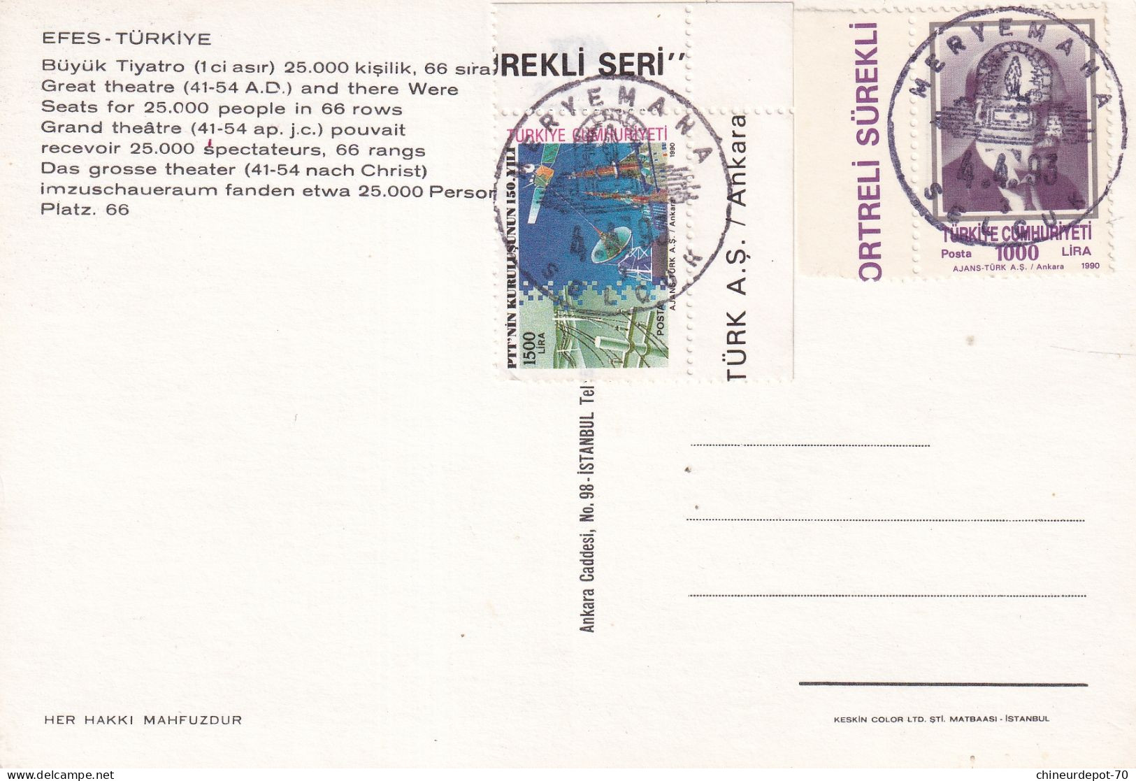 EPHÈSE-Turquie Cachet Meryemana 1993 - Enteros Postales