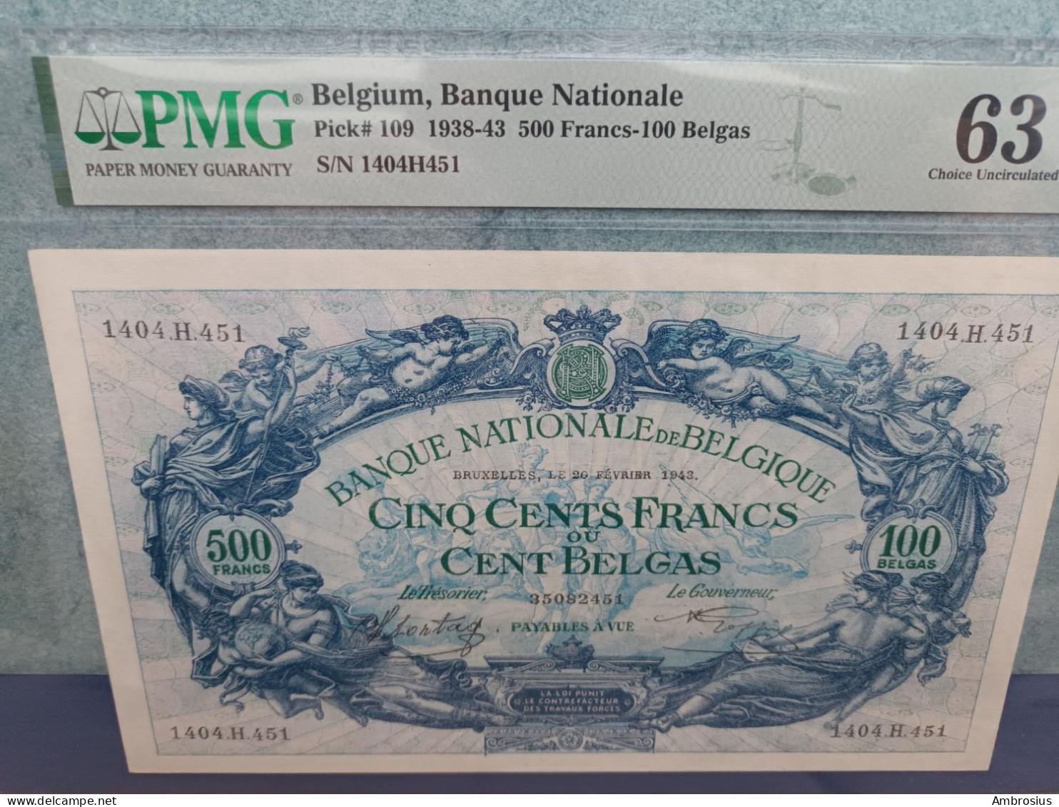 Belgium # P109#Banque Nationale 500 Francs Ou 100 Belga  PMG 63 RARE!! - 500 Francs-100 Belgas