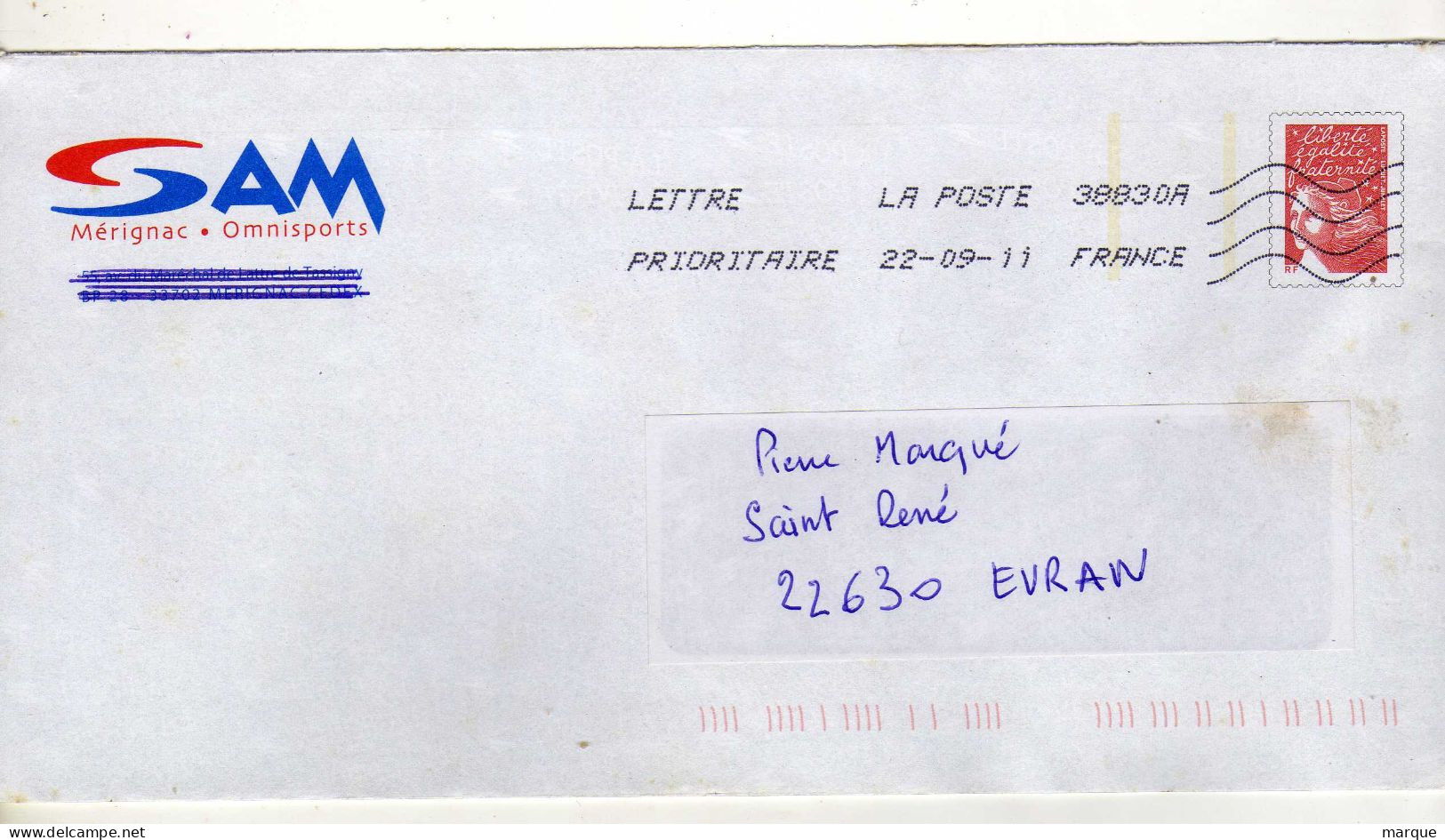 Enveloppe FRANCE Prêt à Poster Lettre Prioritaire Oblitération LA POSTE 38830A 22/09/2011 - Prêts-à-poster:  Autres (1995-...)