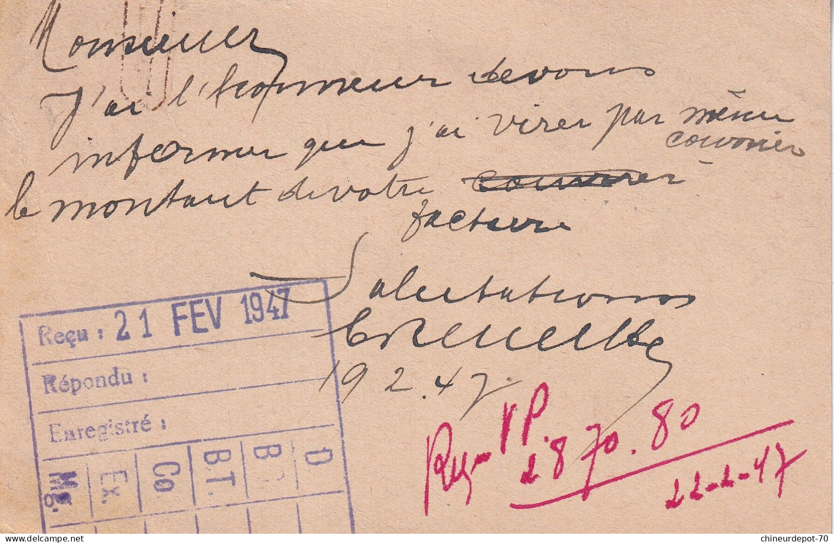 Postkaart Grivegnée Petit Lion -10% En 1947 Ferronnerie Bouillonnaise Bouillon - 1946 -10%