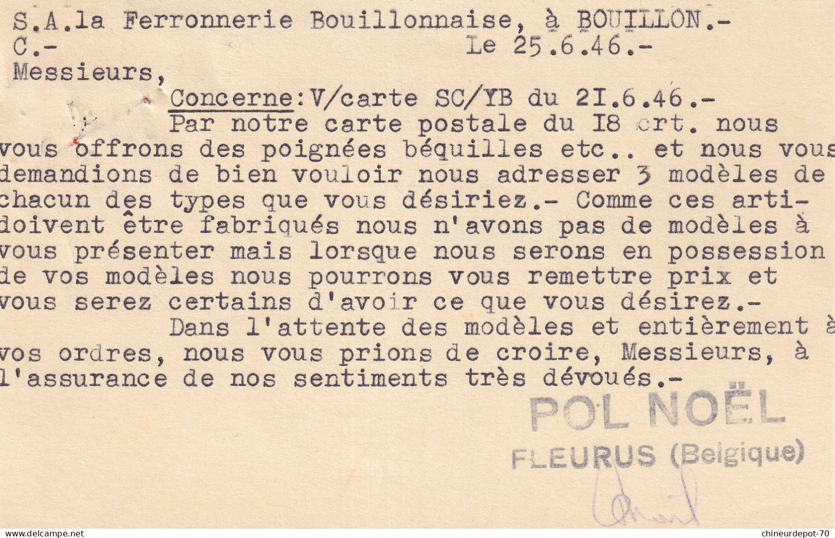 Postkaart Pol Noel Fleurus 28 Juin 1946 Petit Lion -10% Ferronnerie Bouillonnaise Bouilllon - 1946 -10%