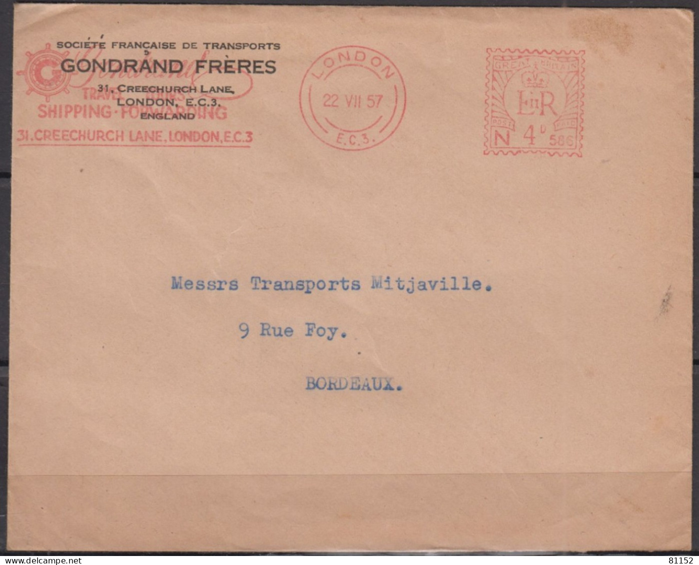 Cachet Machine EMA  Sur Lettre PUB " GONDRAND FRERES "  De LONDON  Le 22 VII 1957  Pour BORDEAUX - Máquinas Franqueo (EMA)