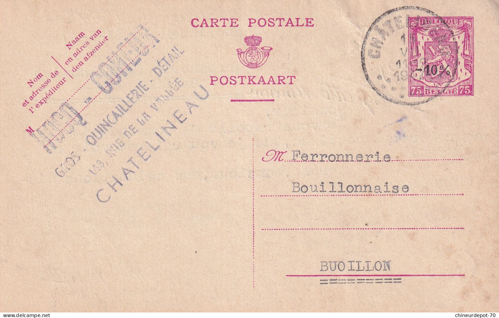 Postkaart Hocq Coheur Comeur Quincaillerie Chatelineau   Petit Lion -10% 1947 Ferronnerie Bouillonnaise Bouillon - 1946 -10%