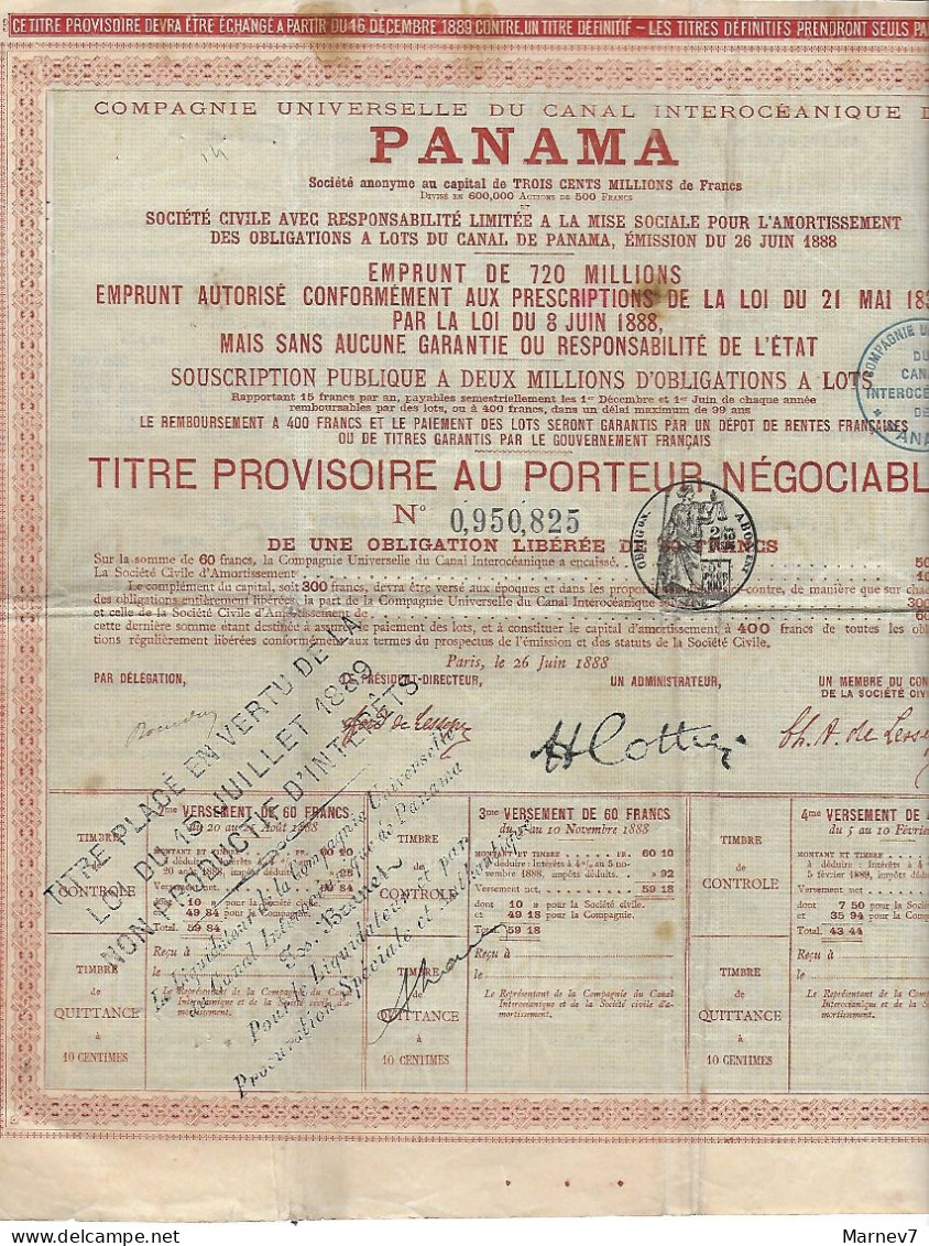Titre Provisoire Au Porteur Négociable - Obligation De 60 Francs PANAMA 1988 Avec Vignette Contrôle Canal Interocéanique - Navigation
