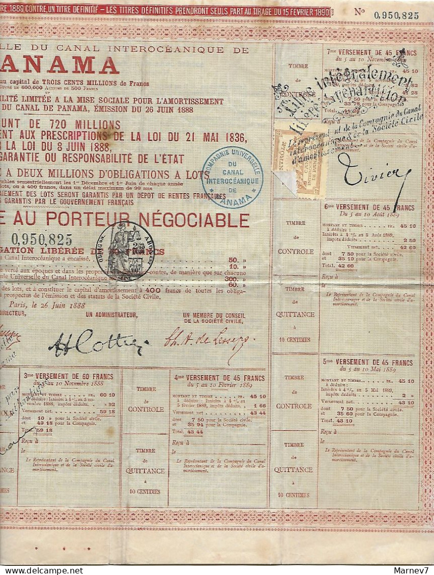 Titre Provisoire Au Porteur Négociable - Obligation De 60 Francs PANAMA 1988 Avec Vignette Contrôle Canal Interocéanique - Navigation