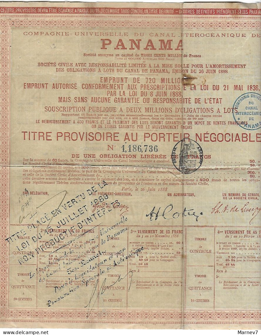 Titre Provisoire Au Porteur Négociable - Obligation De 60 Francs PANAMA 1988 Avec Vignette Contrôle Canal Interocéanique - Scheepsverkeer