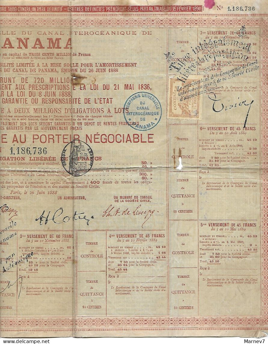 Titre Provisoire Au Porteur Négociable - Obligation De 60 Francs PANAMA 1988 Avec Vignette Contrôle Canal Interocéanique - Navy