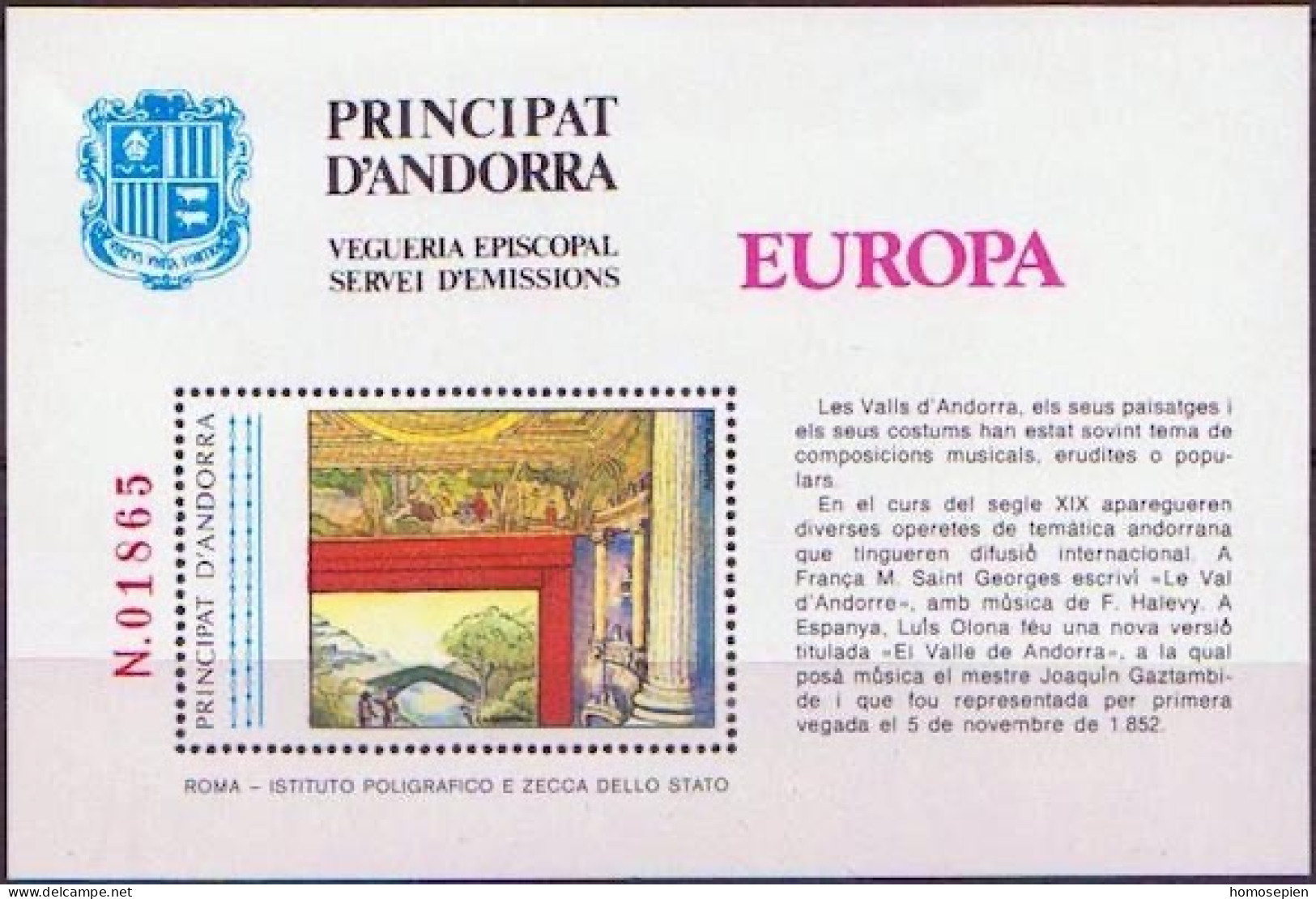 Andorre Viguerie - Andorra Bloc Feuillet 1985 Y&T N°BF(1) - Michel N°B(?) *** - Hymne National Andorien - Vicariato Episcopale