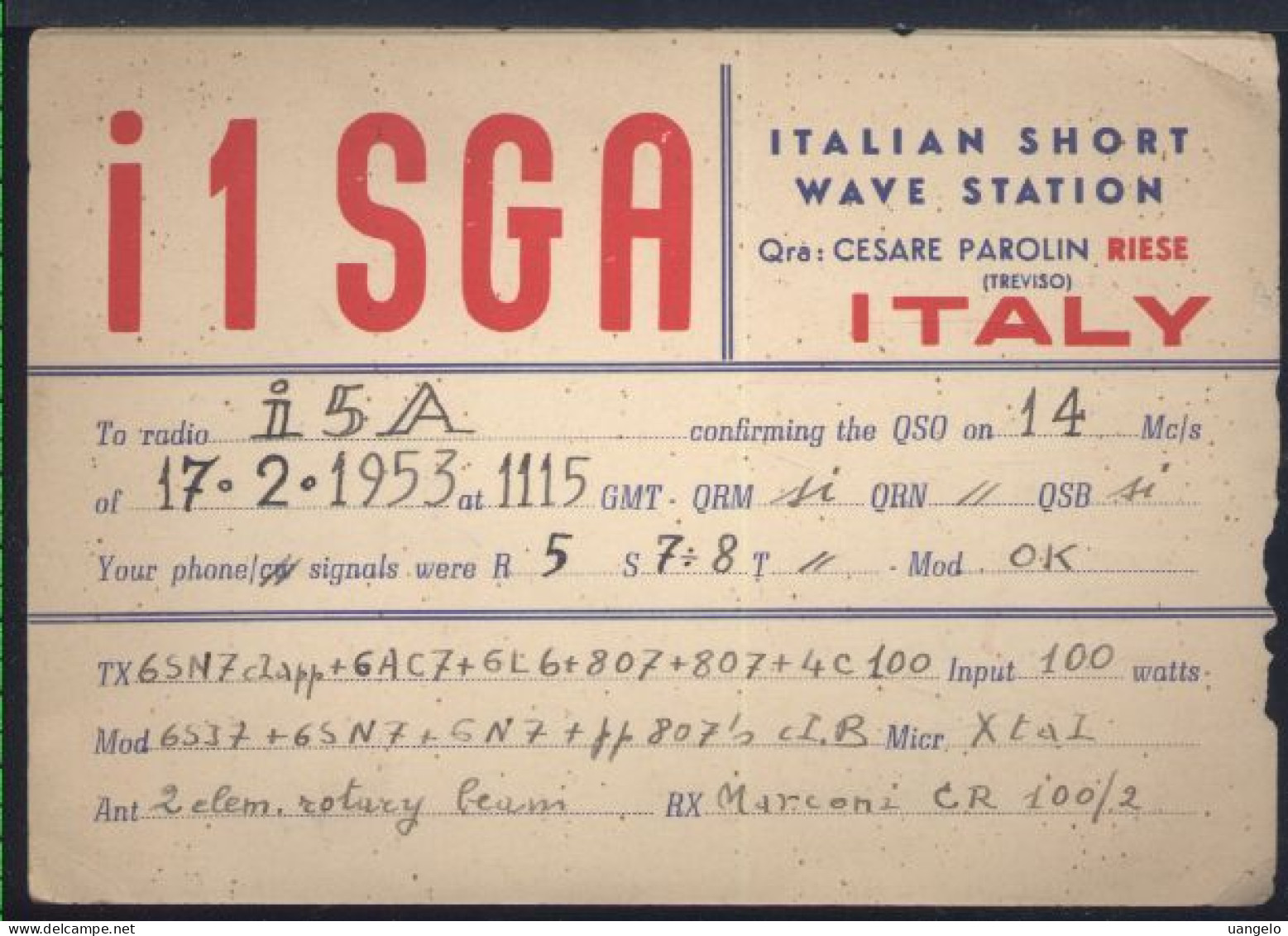 %326 CARTOLINA QSL 1953  I1SGA RIESE  , CESARE PAROLIN - Autres & Non Classés