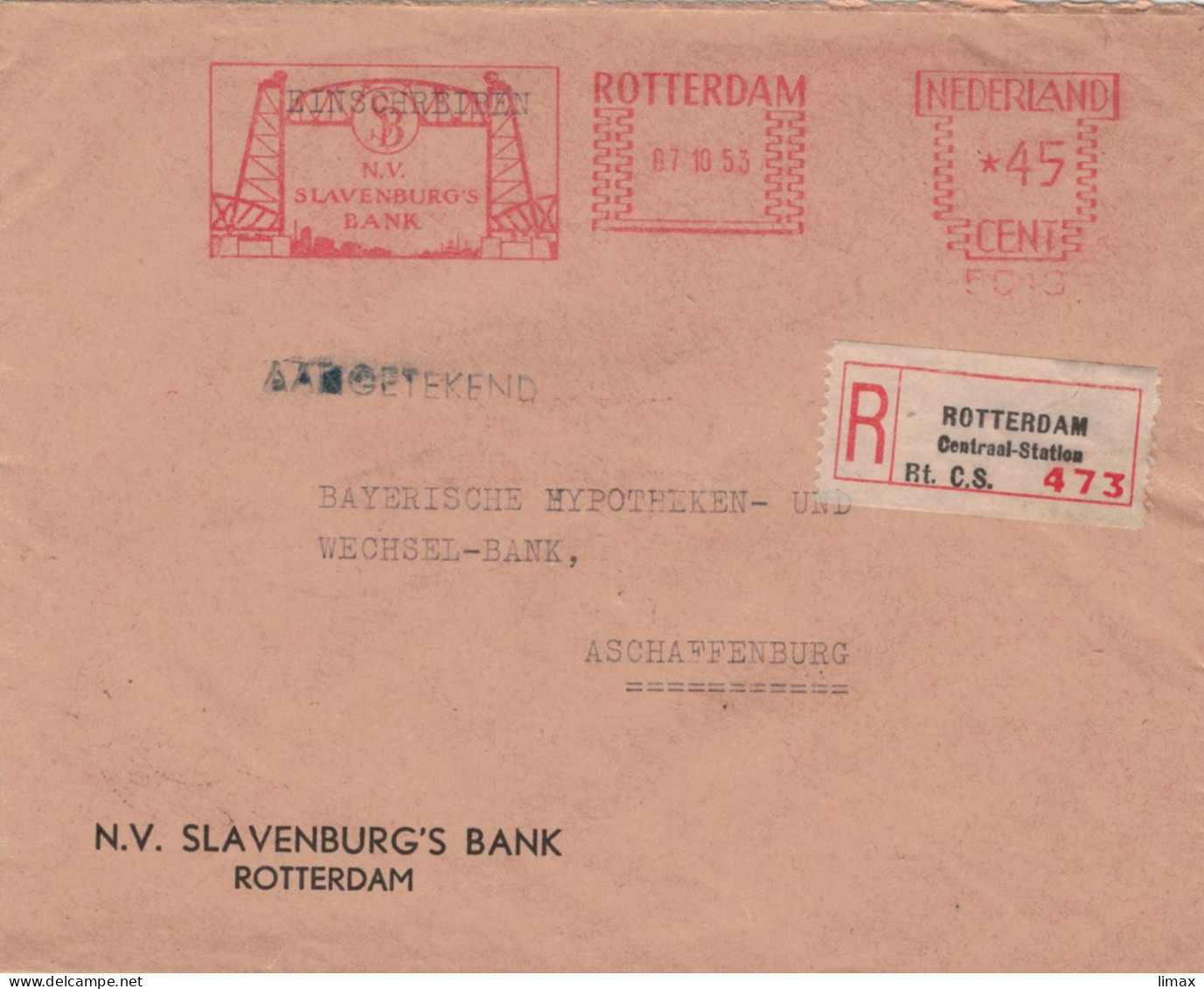 EMA Reko Rotterdam Centraal Station N.V. Slavenburg's Bank 1953 - Machines à Affranchir (EMA)