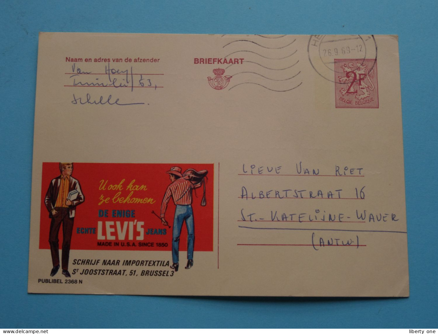 Publi " LEVIS Jeans > Importextila Brussel " ( Zie Scan ) Gele Briefkaart 1969 ( Publibel 2368 N ) ! - Storia Postale