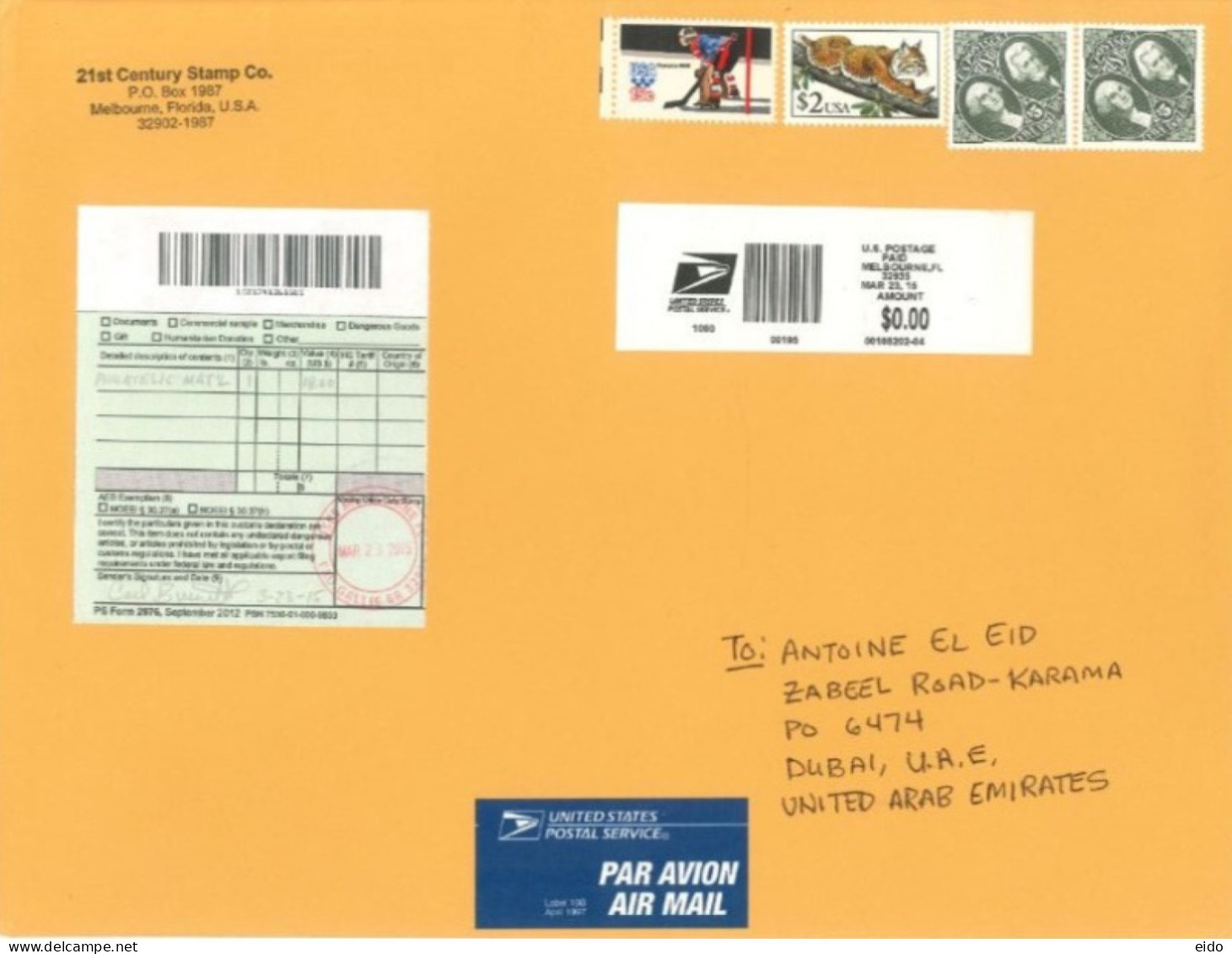 UNITED STATES : 2015 -  REGISTERED STAMPS COVER TO DUBAI. - Lettres & Documents