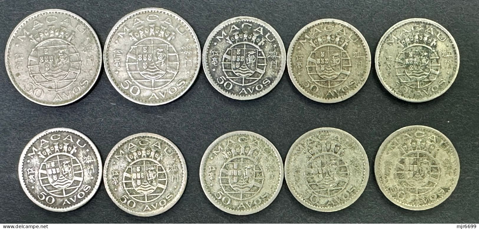 MACAU LOT OF 10 COINS INCL. 8 X 1952 + 2X 1973, 50AVOS USED COINS - Macao