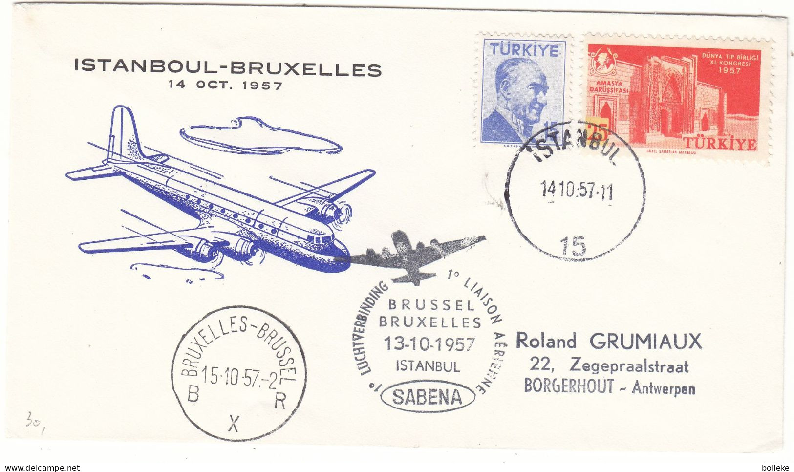 Turquie - Lettre De 1957 - Oblit Istanbul - 1 Er Vol SABENA Bruxelles Istanbul - - Covers & Documents