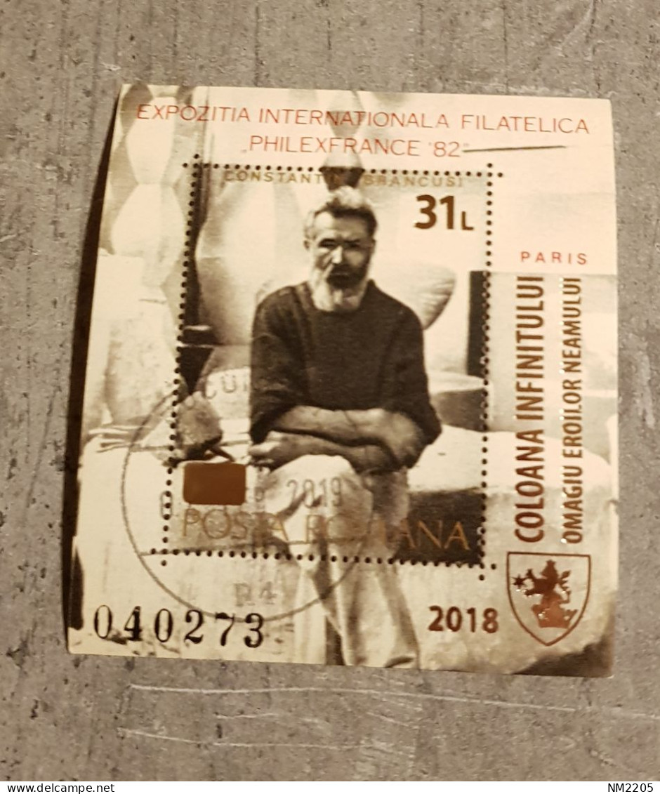 ROMANIA CONSTANTIN BRÂNCUȘI BLOCK OVERPRINT GOLD USED - Used Stamps