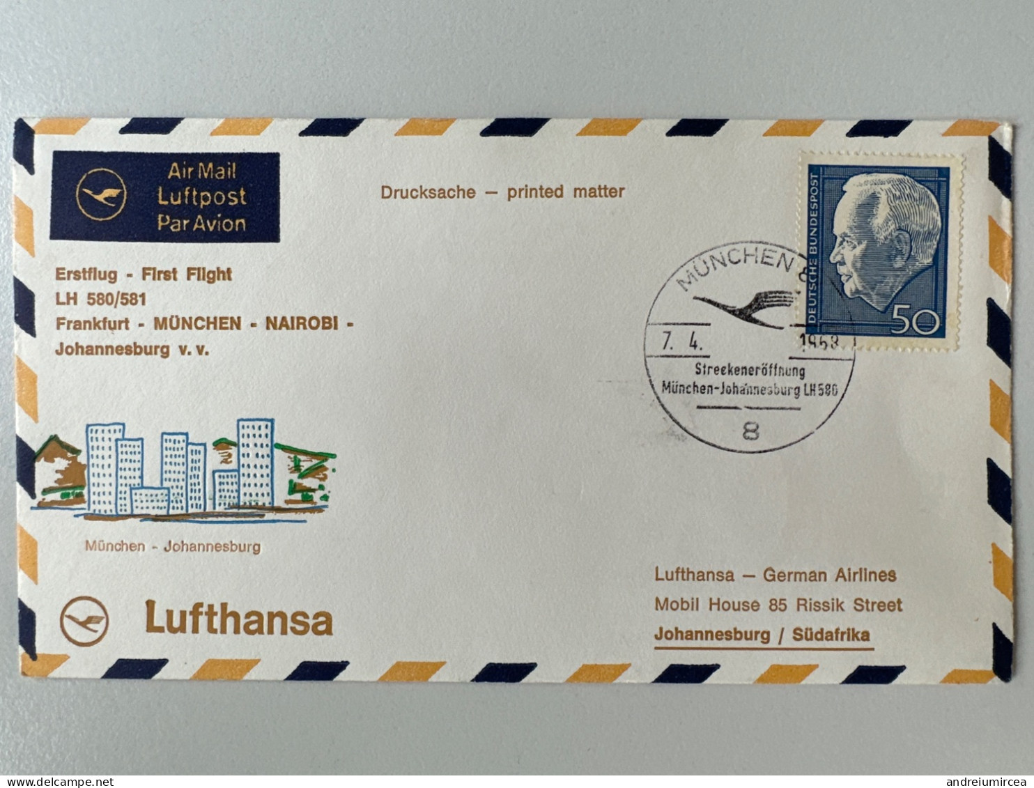 1968. Erstflug LH  Frankfurt / Nairobi/ Johannesburg - Premiers Vols