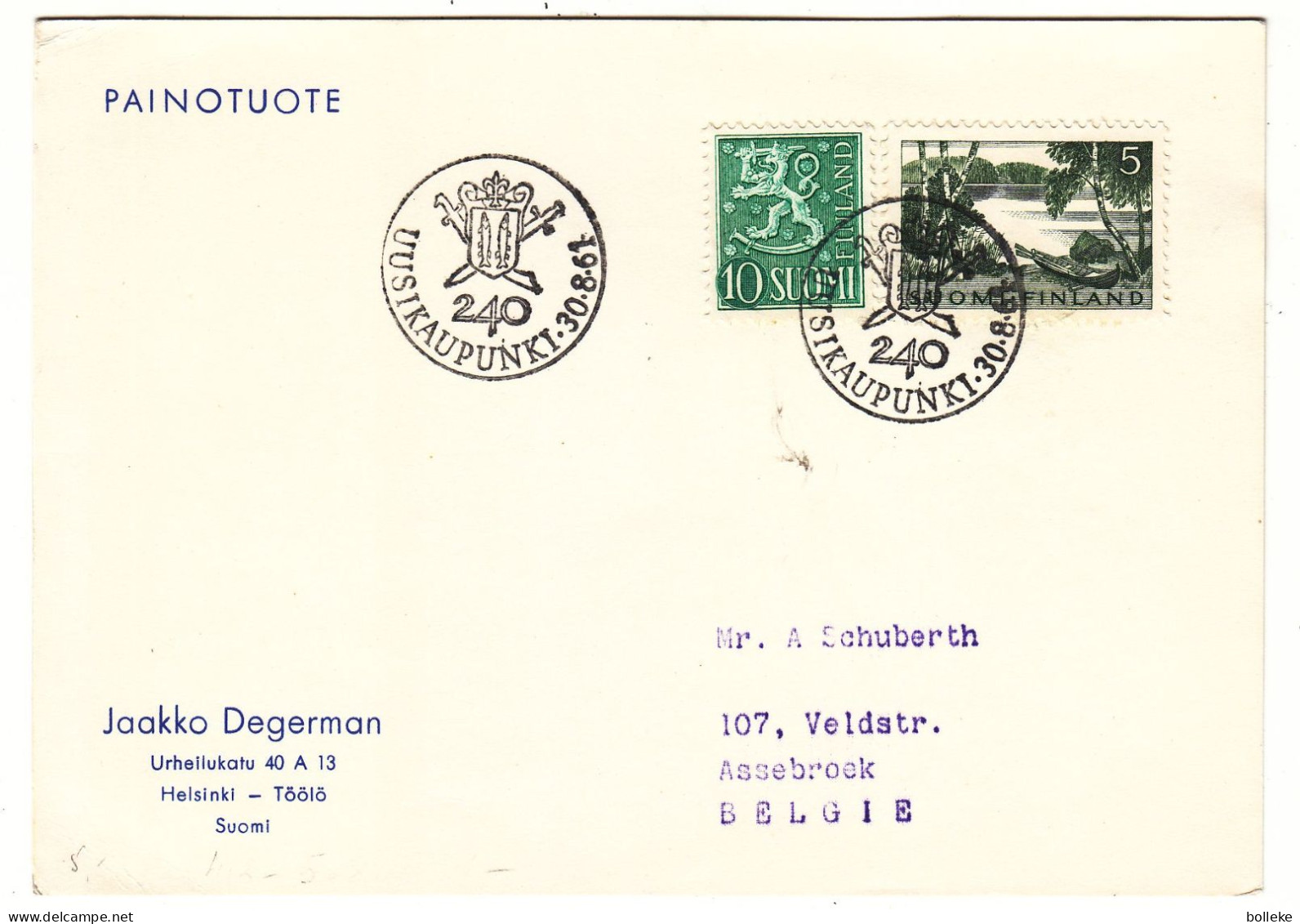 Finlande - Carte Postale De 1961 - Oblit Uusikaupunki - - Lettres & Documents