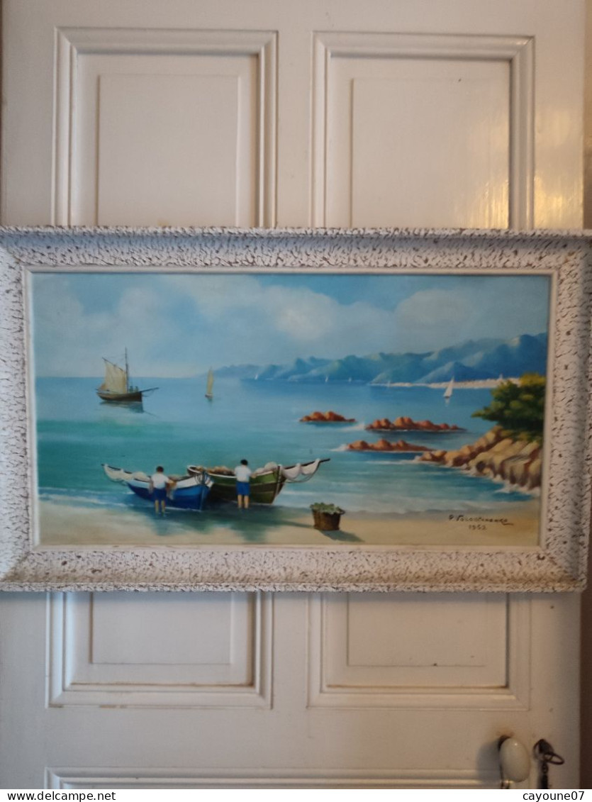 P. VOLODTCHENKO Huile Sur Isorel Grand Format Marine Titrée "Cannes Vue De L'Esterel Pêcheurs" Datée 1952 - Oils