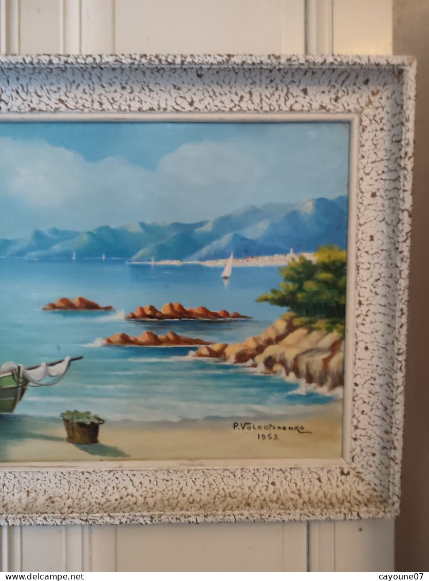 P. VOLODTCHENKO Huile Sur Isorel Grand Format Marine Titrée "Cannes Vue De L'Esterel Pêcheurs" Datée 1952 - Oils