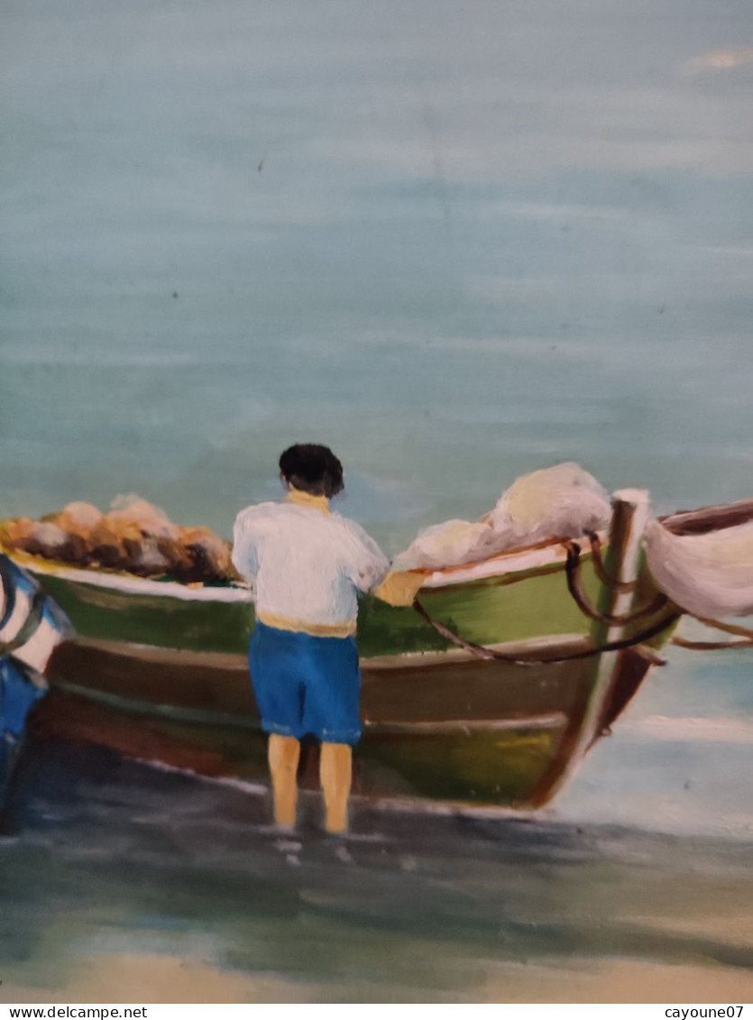 P. VOLODTCHENKO huile sur isorel grand format marine titrée "Cannes vue de l'Esterel Pêcheurs" datée 1952