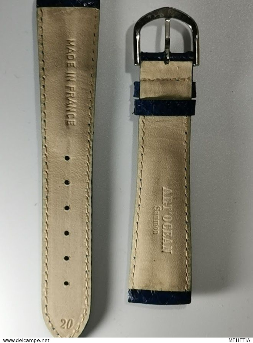 Bracelet De Montre En Cuir De Saumon Neuf - Bleu  - Fait Main En France 20mm Livré Avec 2 Pompes Inox - Autres & Non Classés