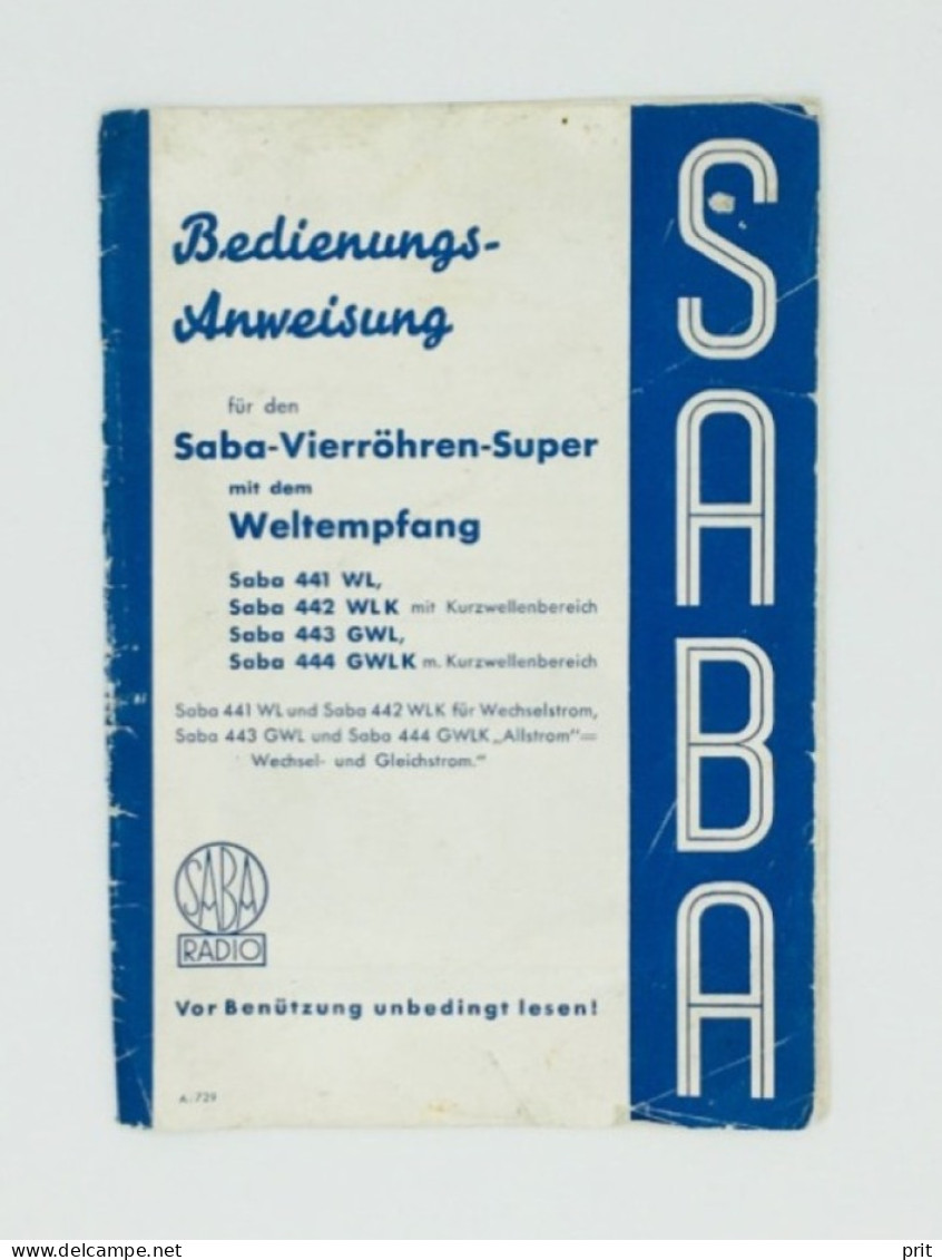 SABA Radio Germany 1936/37 Manual Brochure Saba 441WL 442 WLK 443 GWL 444 GWLK - Littérature & Schémas