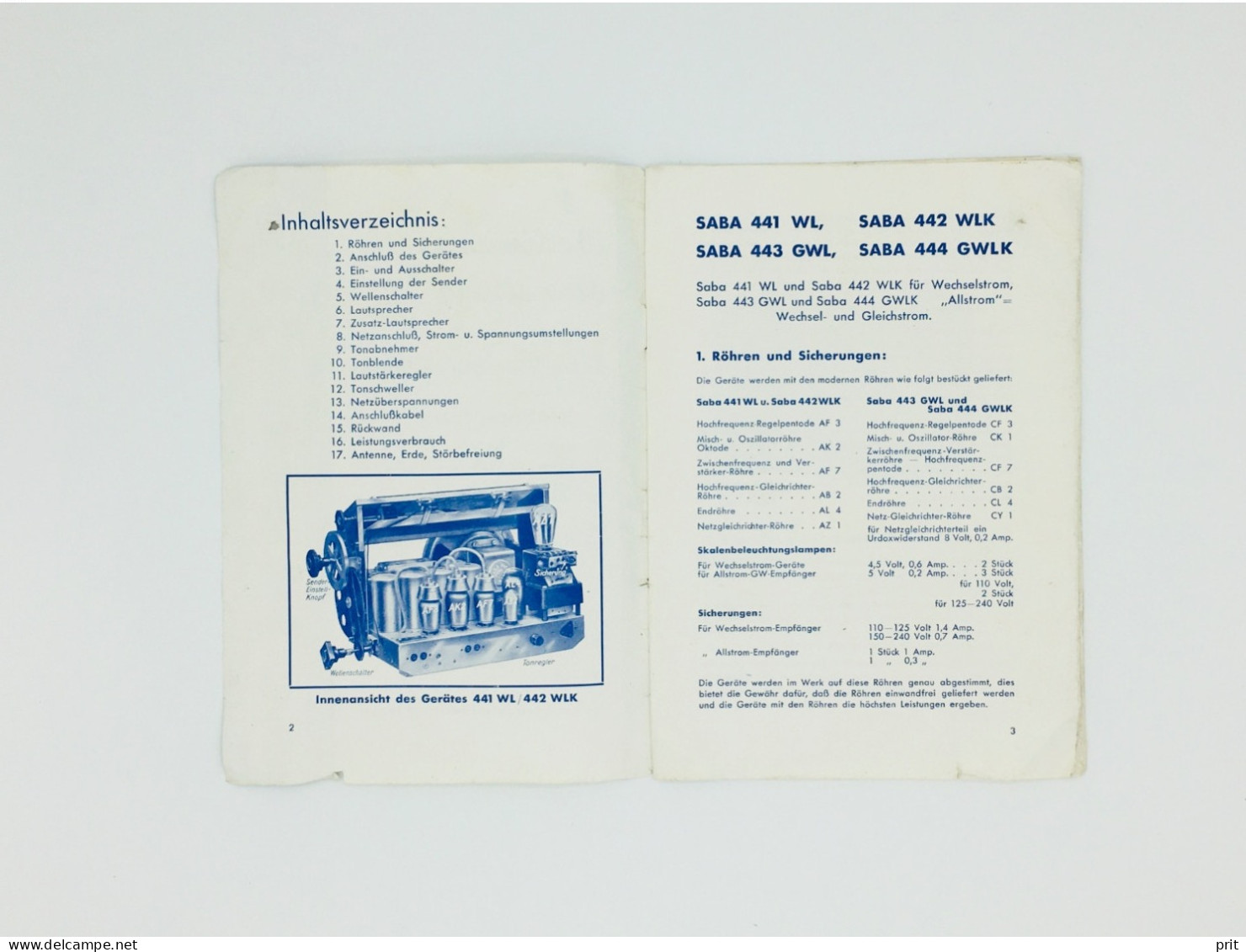 SABA Radio Germany 1936/37 Manual Brochure Saba 441WL 442 WLK 443 GWL 444 GWLK - Literature & Schemes