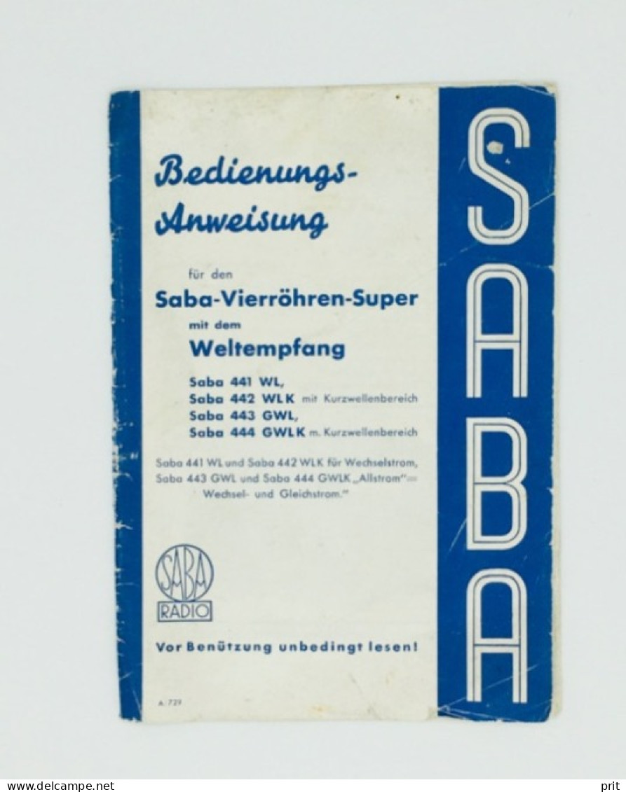 SABA Radio Germany 1936/37 manual brochure Saba 441WL 442 WLK 443 GWL 444 GWLK