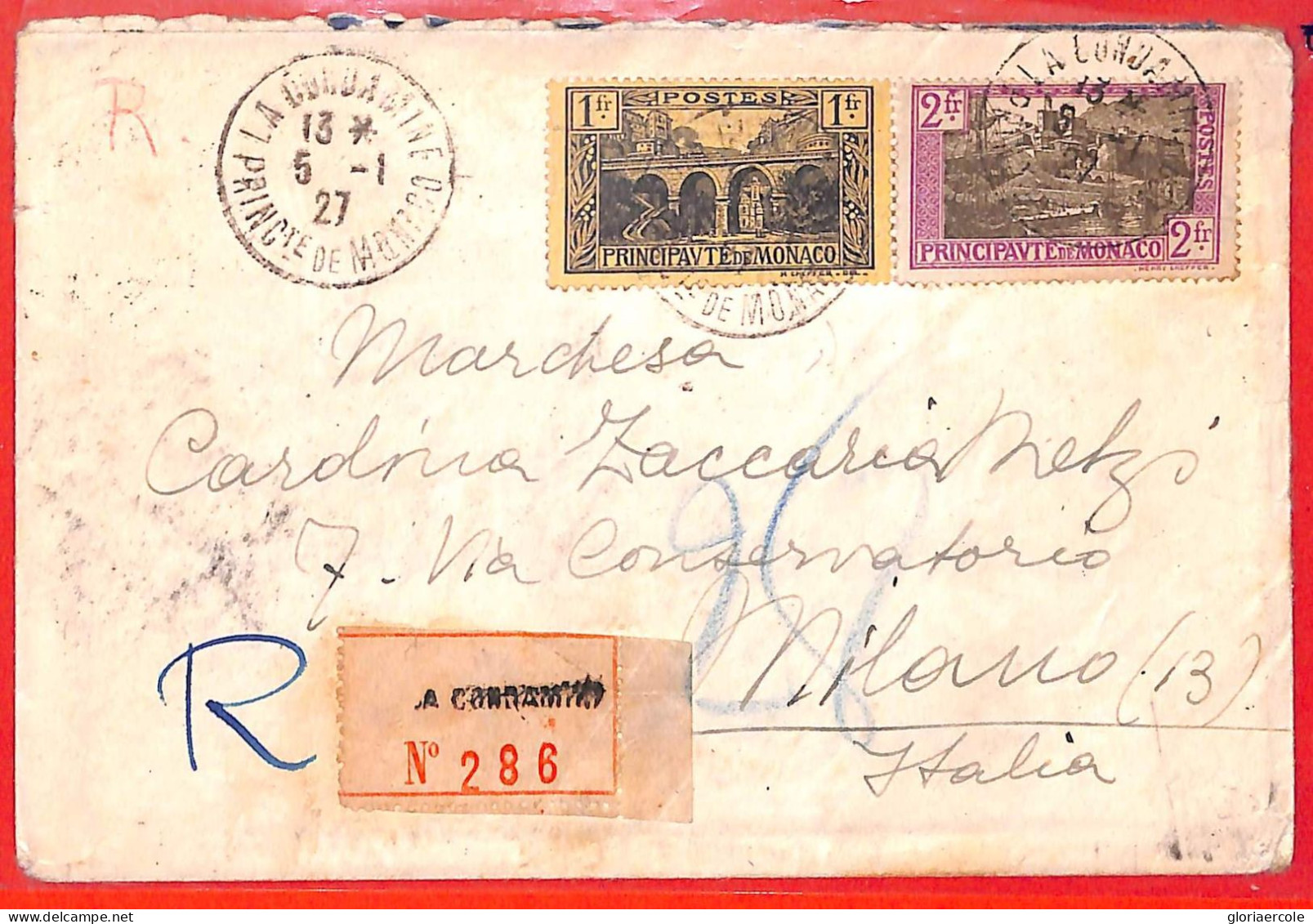 Aa1010 - MONACO - Postal History -  REGISTERED COVER To ITALY 1927 - Covers & Documents