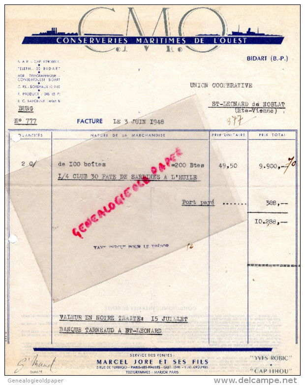 64 - BIDART - FACTURE CMO- CONSERVES MARITIMES DE L' OUEST - 1948 MARCEL JORE ET FILS- 3 RUE TURBIGO PARIS - 1900 – 1949