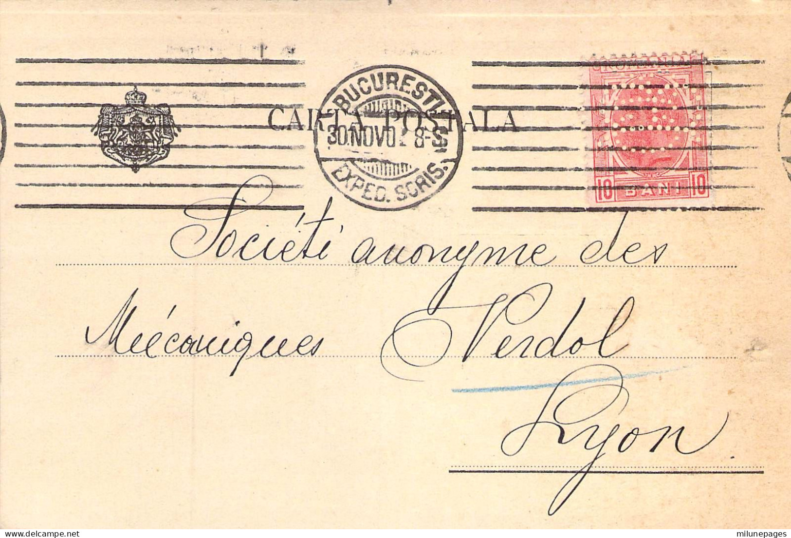 Roumanie Romania 10 Bani Perforé Perfin Lochung B.C.R. Banque De Crédit Roumain Sur Carte Postale Privée 1907 - Marcofilia