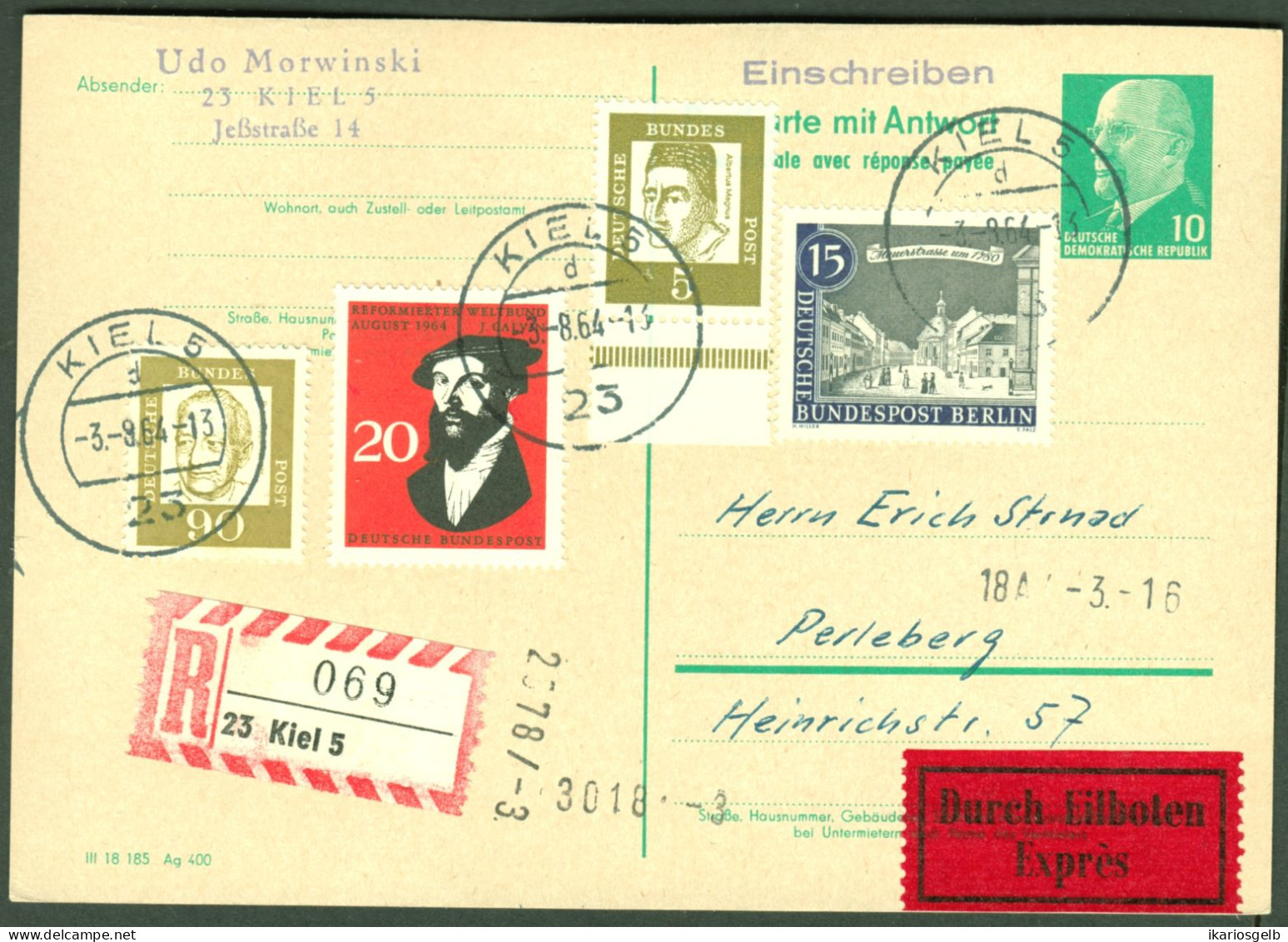 DDR 1964 GANZSACHE 10Pf Ulbricht Antwortkarte Retour Ab O Kiel + Eilboten + Einschreiben + 4x ZF Deko !!! - Postcards - Used