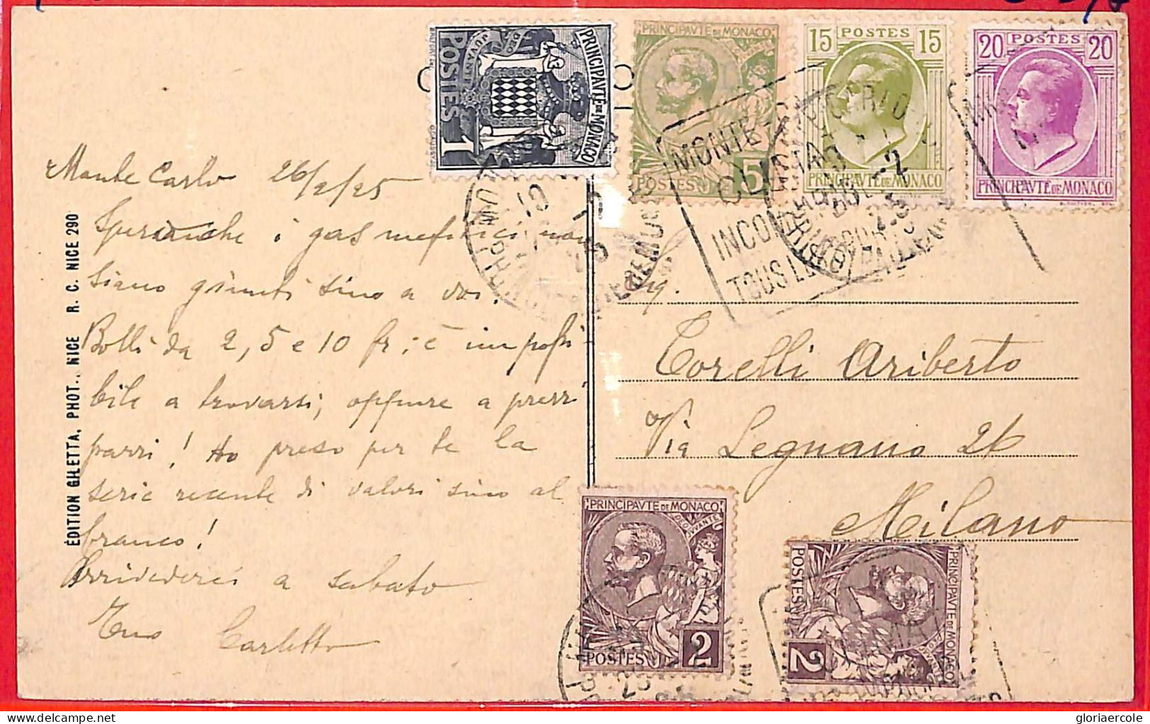 Aa1014 - MONACO - Postal History -  Nice Franking On POSTCARD  To ITALY 1925 - Briefe U. Dokumente