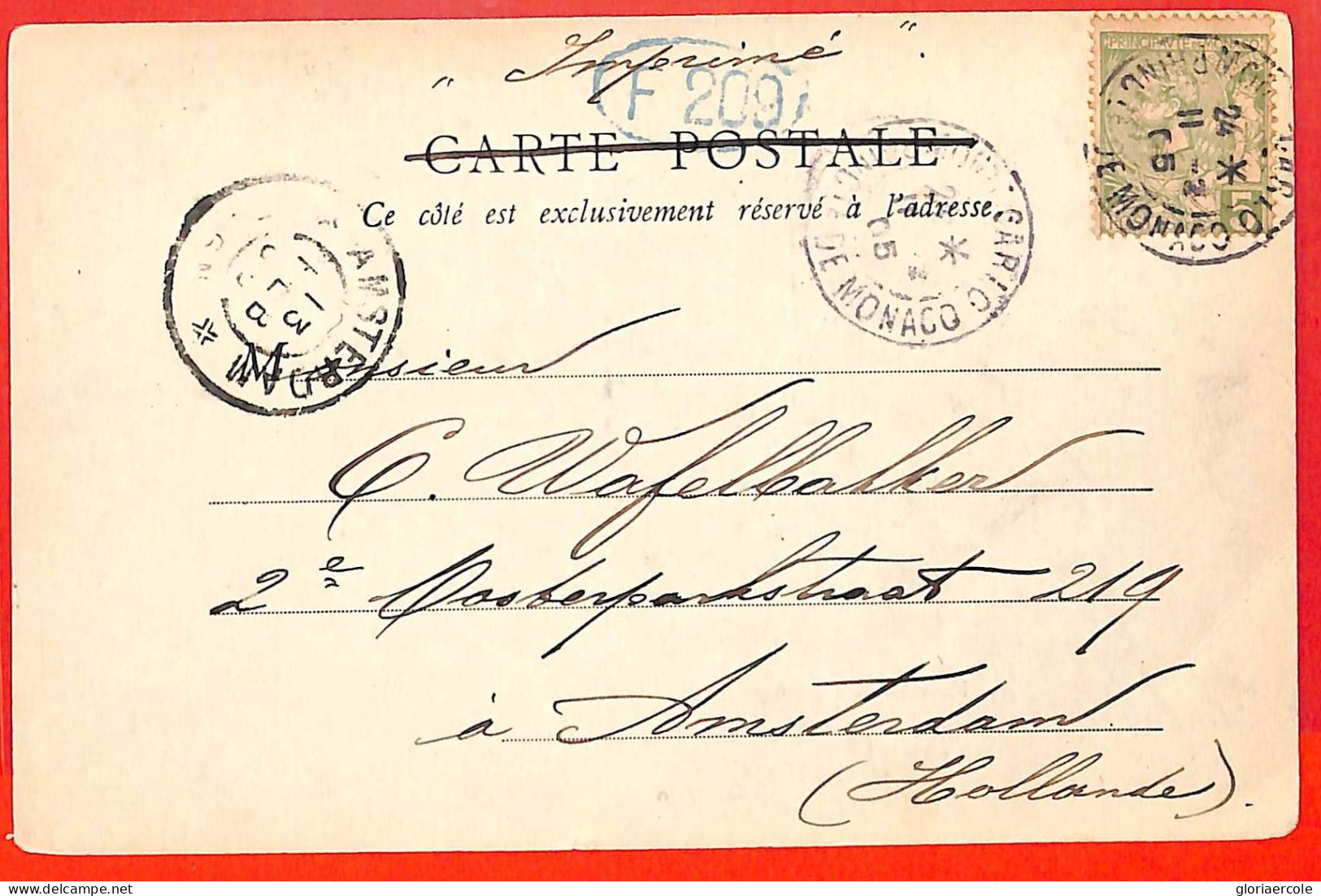Aa1018 - MONACO - Postal History -  POSTCARD  To The NETHERLANDS  1905 - Cartas & Documentos