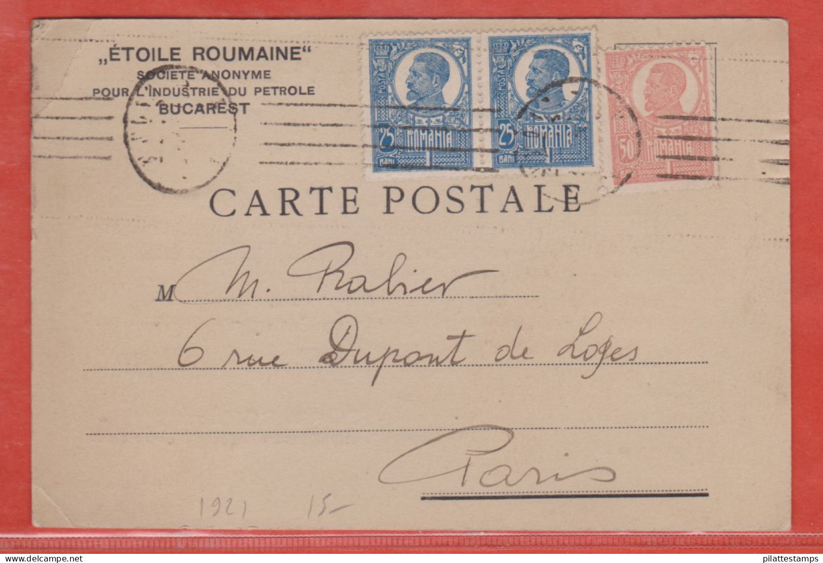 ROUMANIE CARTE INDUSTRIE PETROLIERE DE 1921 DE BUCAREST POUR PARIS FRANCE - Poststempel (Marcophilie)