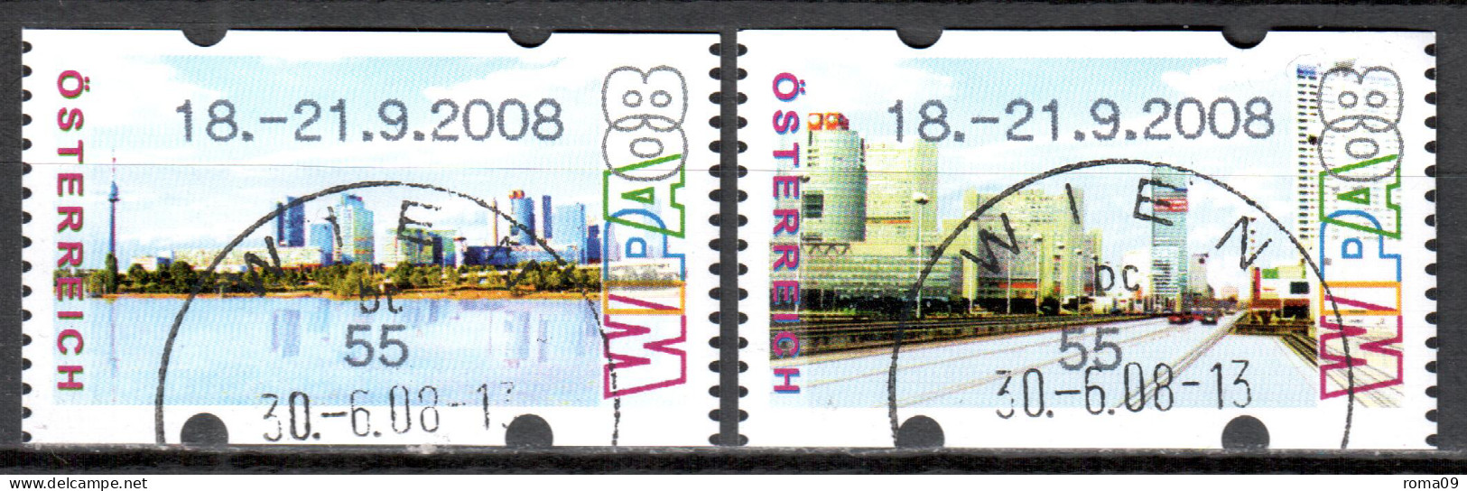 MiNr. ATM 12 + 13  B, Eindruck: „18.–21.9.2008“; Intern. Briefmarkenausstellung WIPA 2008, Wien: Stadtansichten; Gest. - Machine Labels [ATM]