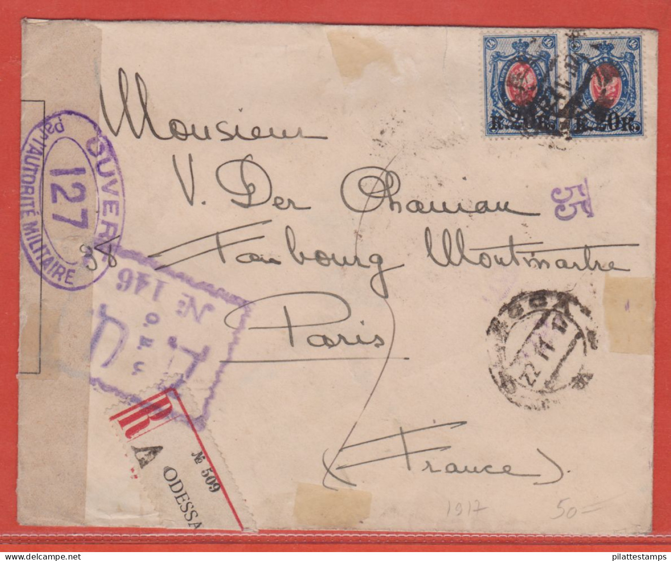 RUSSIE LETTRE RECOMMANDEE CENSUREE DE 1917 DE ODESSA POUR PARIS FRANCE - Autres & Non Classés