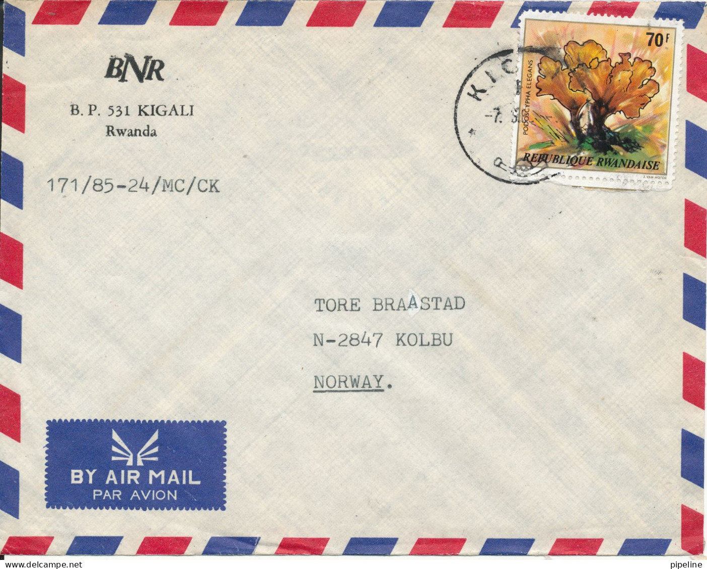 Rwanda Air Mail Cover Sent To Norway Single Franked The Stamp Is Missing A Corner - Oblitérés