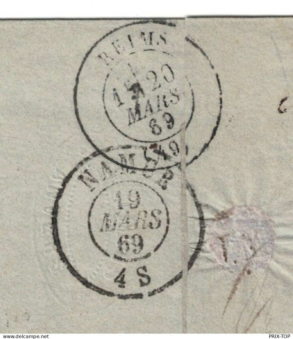 TP 19 S/LAC LOS PTS  12 + Obl.  Anvers 18/3/1869 PD > Reims Via Namur Obl.19/3/69 + C. D'arrivée 20/3/69 - Matasellado Con Puntos