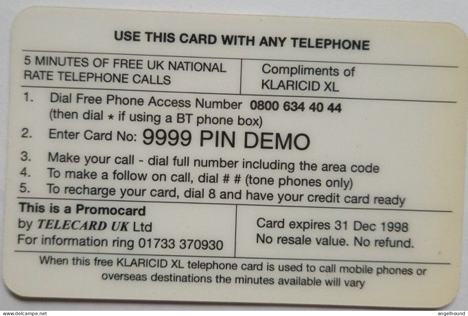 UK 5 Minute Prepaid - Demo Card  Klaricid XL - Sonstige & Ohne Zuordnung