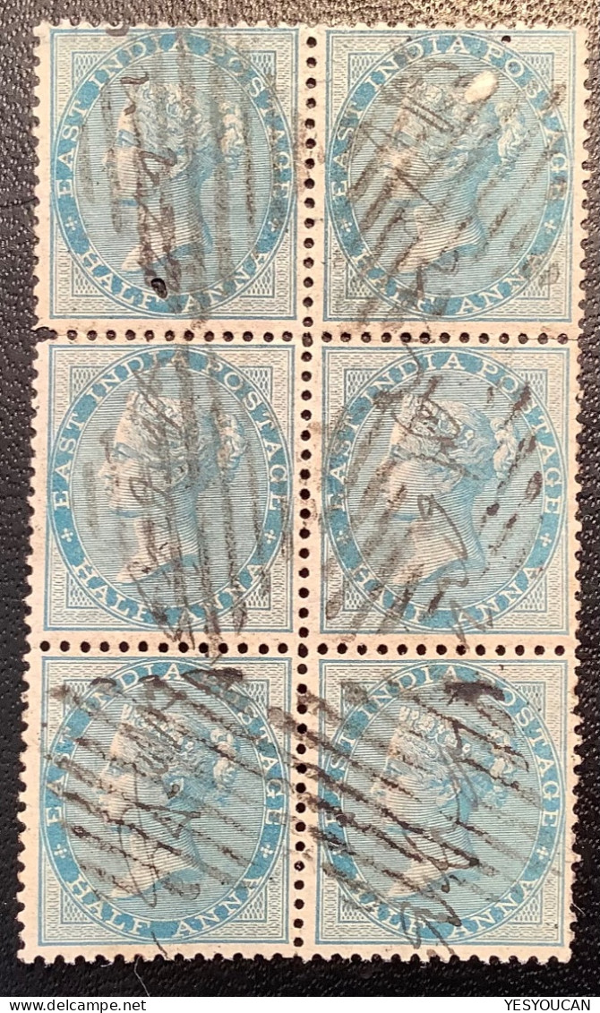 India 1865 SG 55 1/2a Pale Blue Scarce Block Of Six With Interesting Pmk (Queen Victoria - 1858-79 Compagnie Des Indes & Gouvernement De La Reine