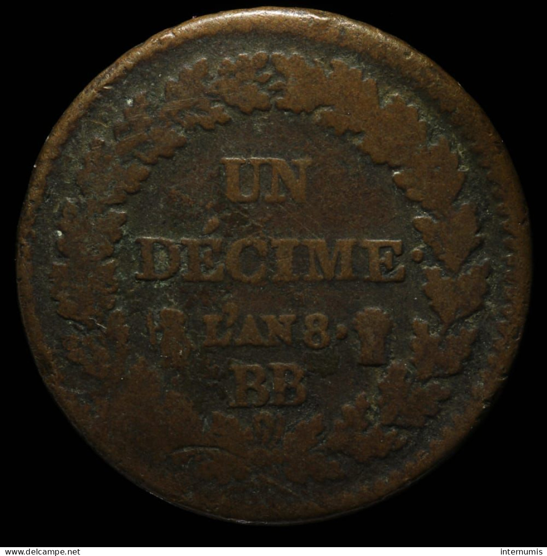 France, Dupré, 1 Décime, An 8, BB - Strasbourg, Cuivre (Copper), B+ (F), KM#644, G.187, F.129/42 - 1 Décime