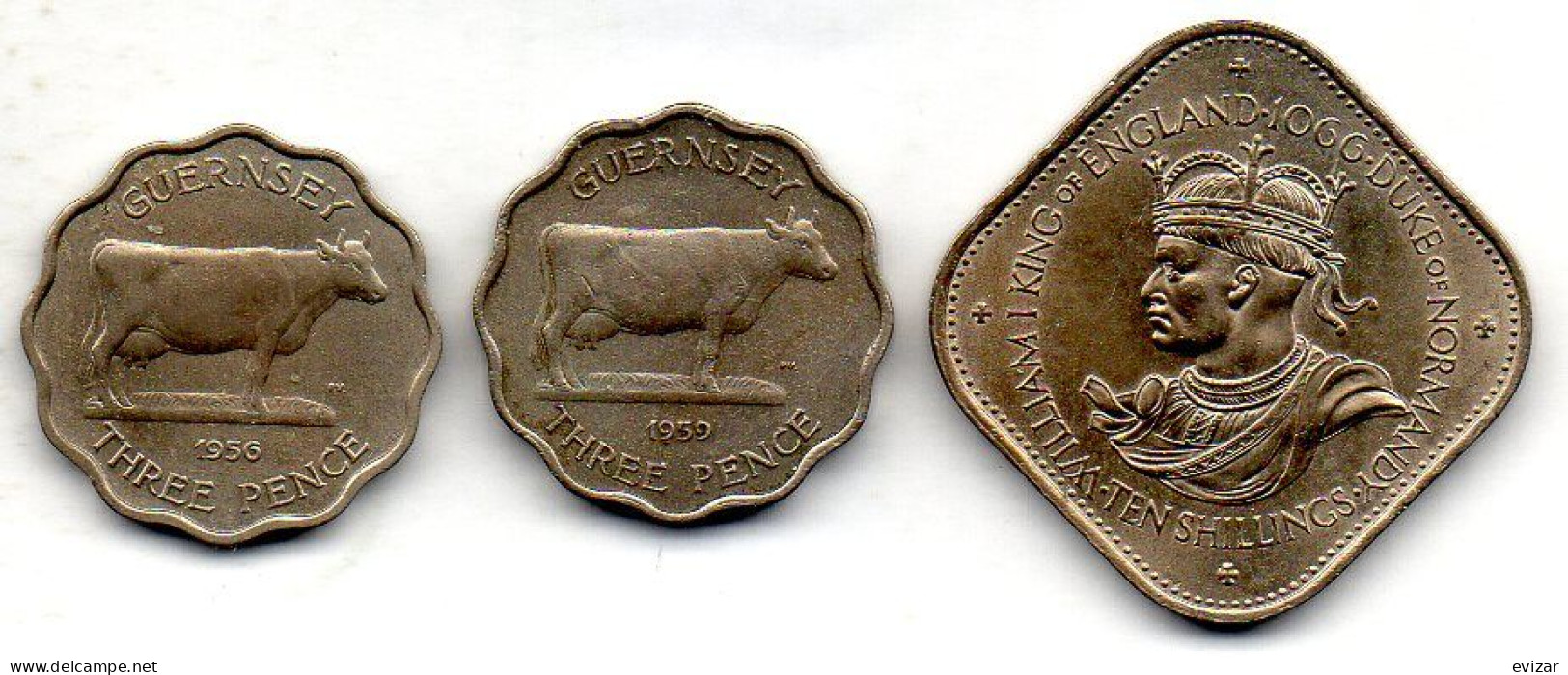 GUERNSEY, Set Of Three Coins 3 Pence, 10 Shillings, Copper-Nickel, Year 1956-66, KM # 17, 18, 19 - Guernsey
