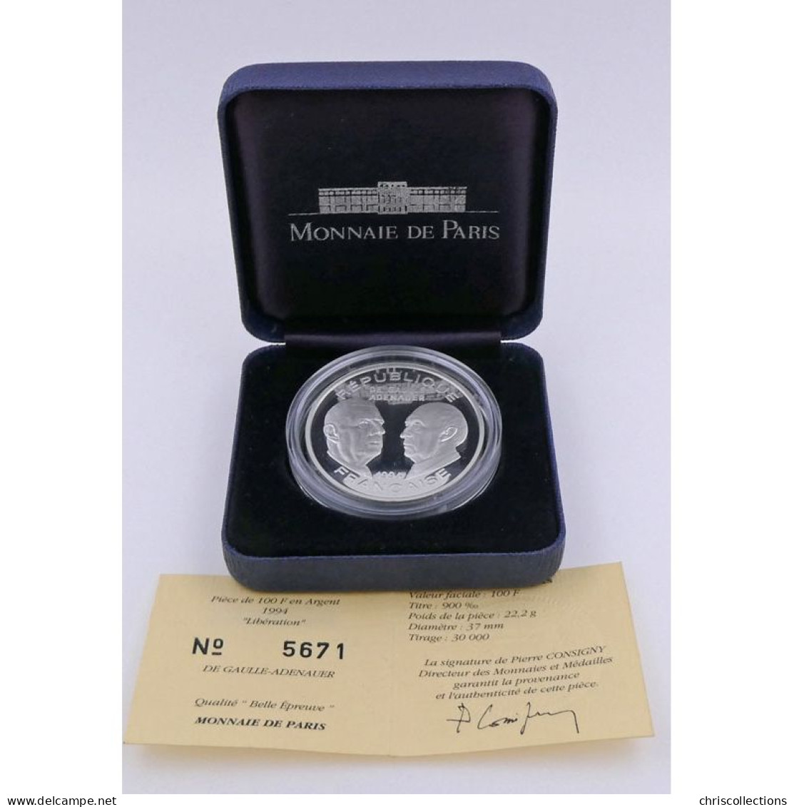 100 Francs 1994 BE, De Gaulle Adenauer, KM#1046 - Herdenking