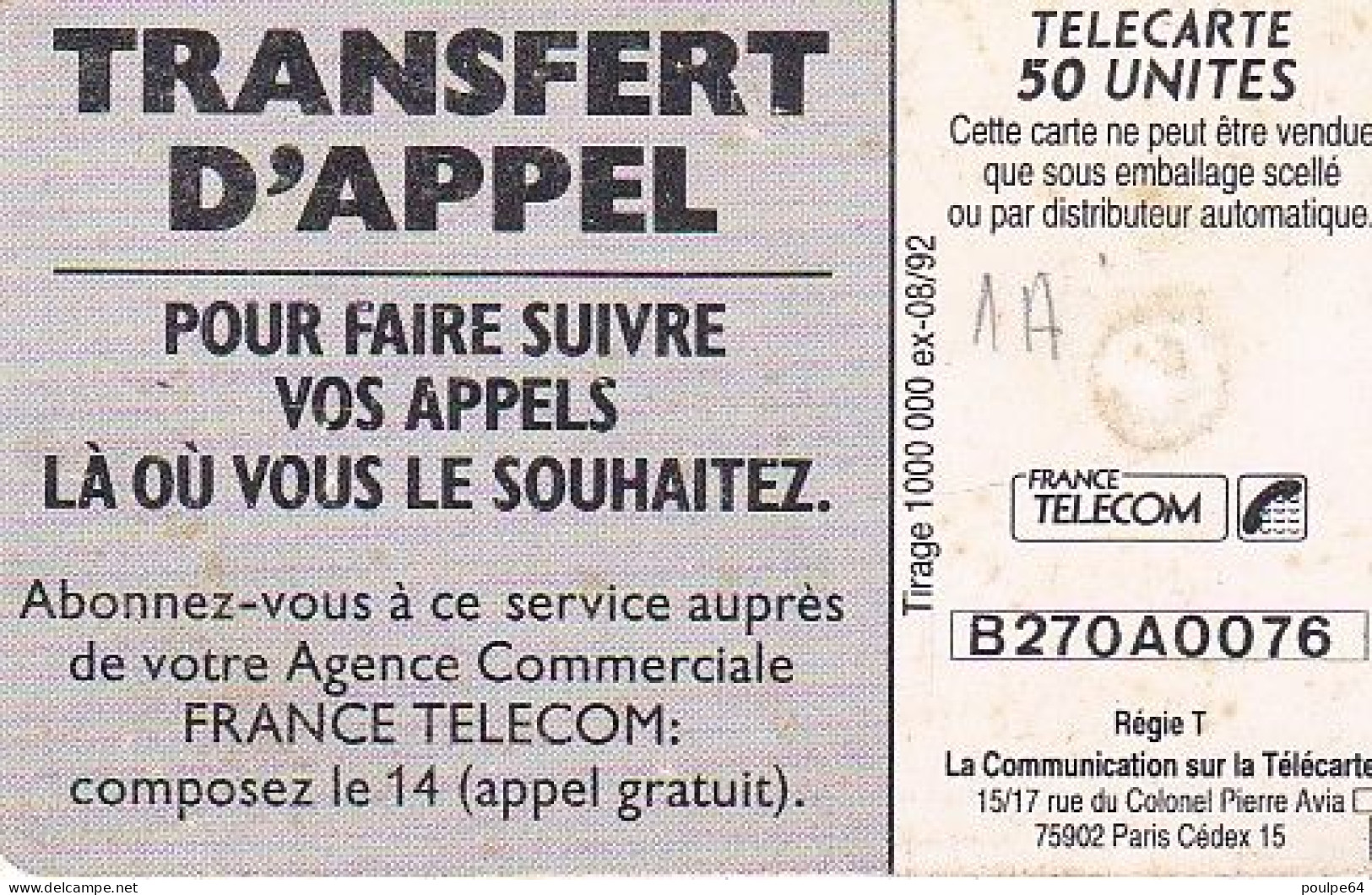 F275d - 08/1992 - TRANSFERT D'APPEL " Plage " - 50 GEM (Iso) (1A) - 1992