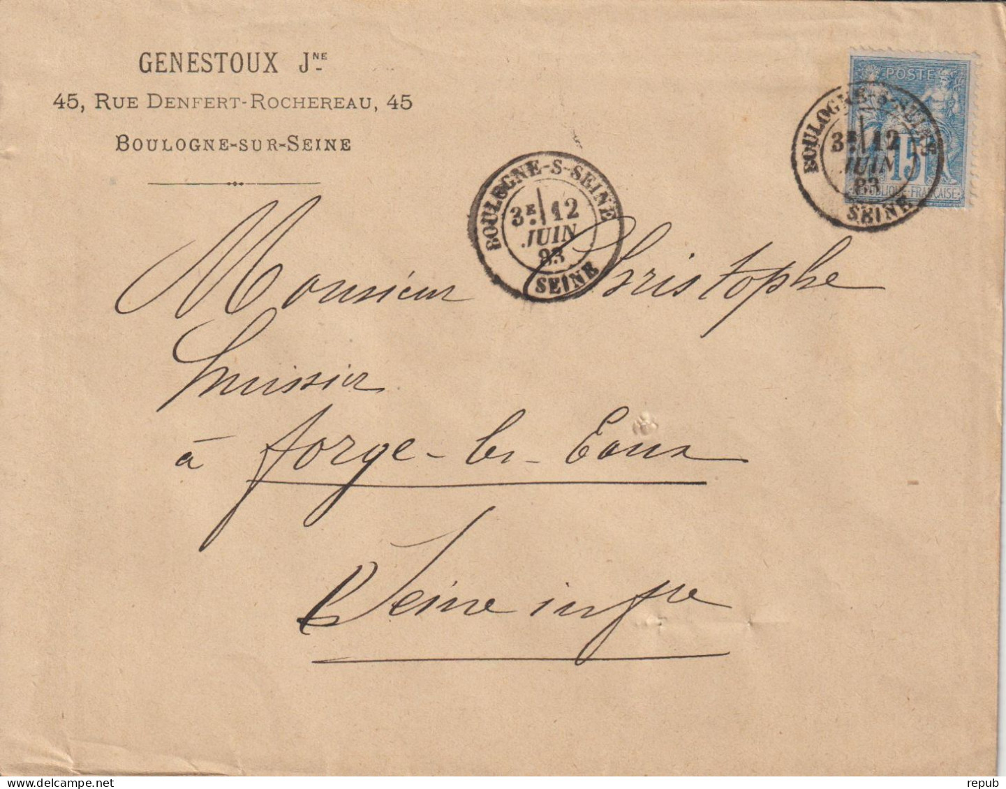 France Lettre 1883 De Boulogne Sur Seine Pour Forges (76) - 1877-1920: Semi-moderne Periode