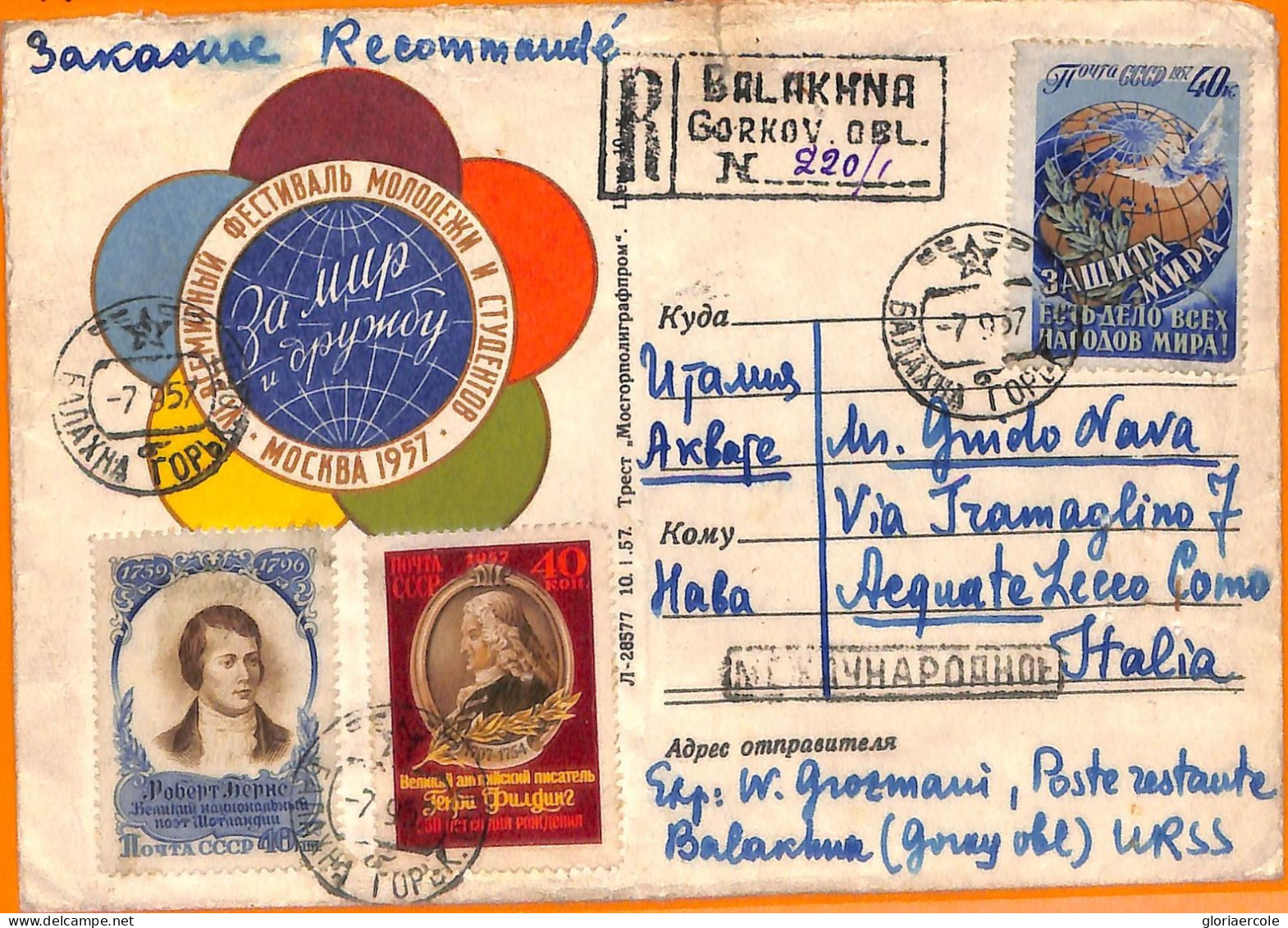 99514 - RUSSIA - Postal History - REGISTERED COVER To ITALY  1957 - Cartas & Documentos