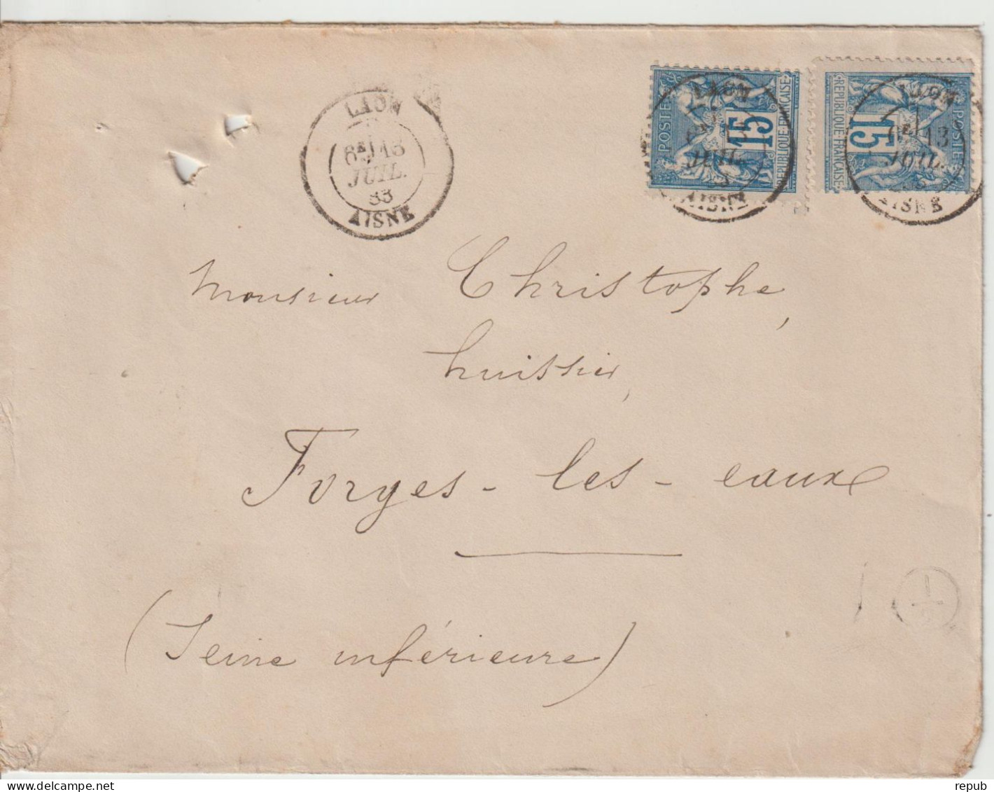 France Lettre 1883 De Laon Pour Forges (76) - 1877-1920: Semi Modern Period