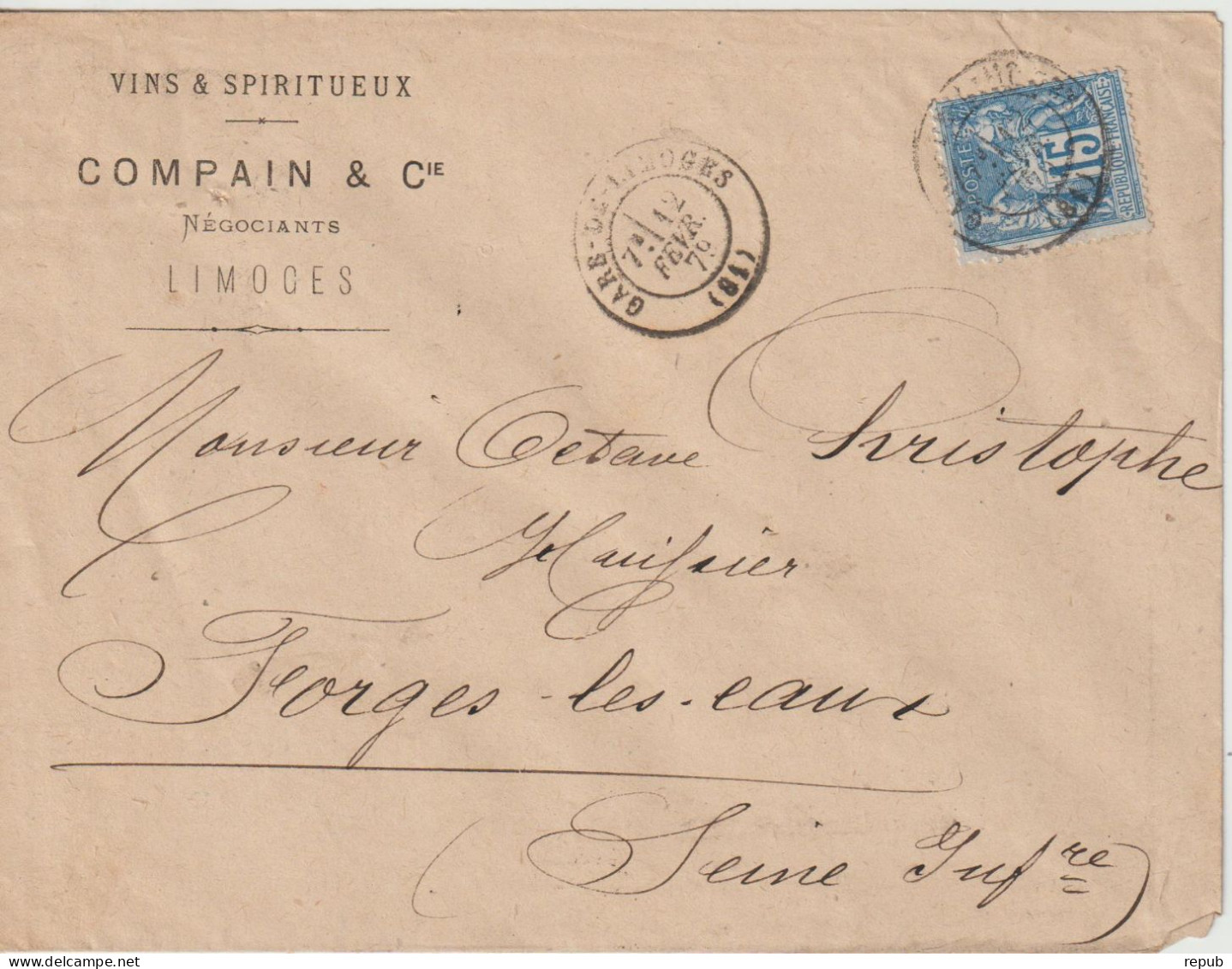 France Lettre 1879 De Gare De Limoges Pour Forges (76) - 1877-1920: Semi Modern Period
